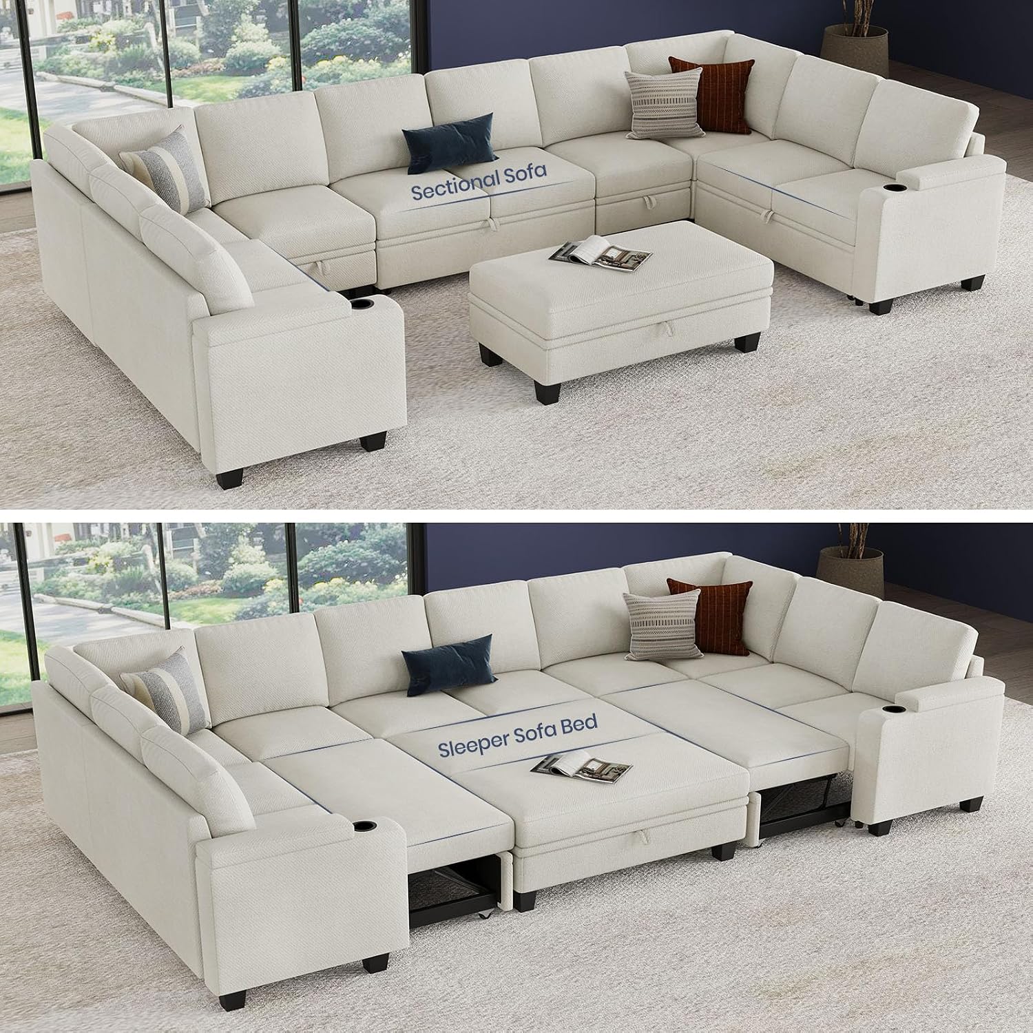 Belffin Large Modular Sectional Sleeper Sofa with Pull Out Bed Oversized U Shaped Sectional Couches for Living Room. White Couch