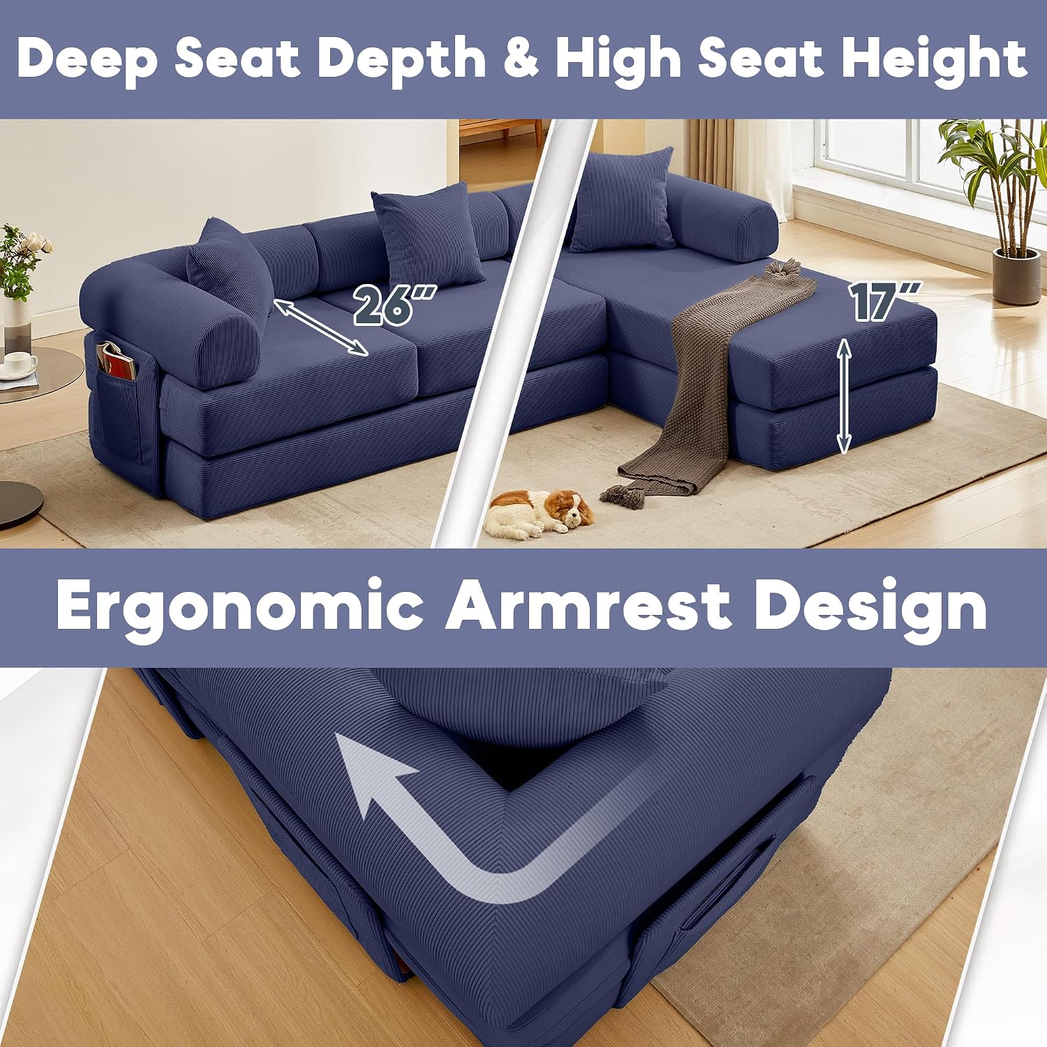 Modular L Shaped Sofa Bed with Cylindrical Pillow & Reversible Chaise, Corduroy Convertible Floor Boneless Sofa Couch Bed with Fixed-Shape Frame & Storage Pocket for Living Room, Blue