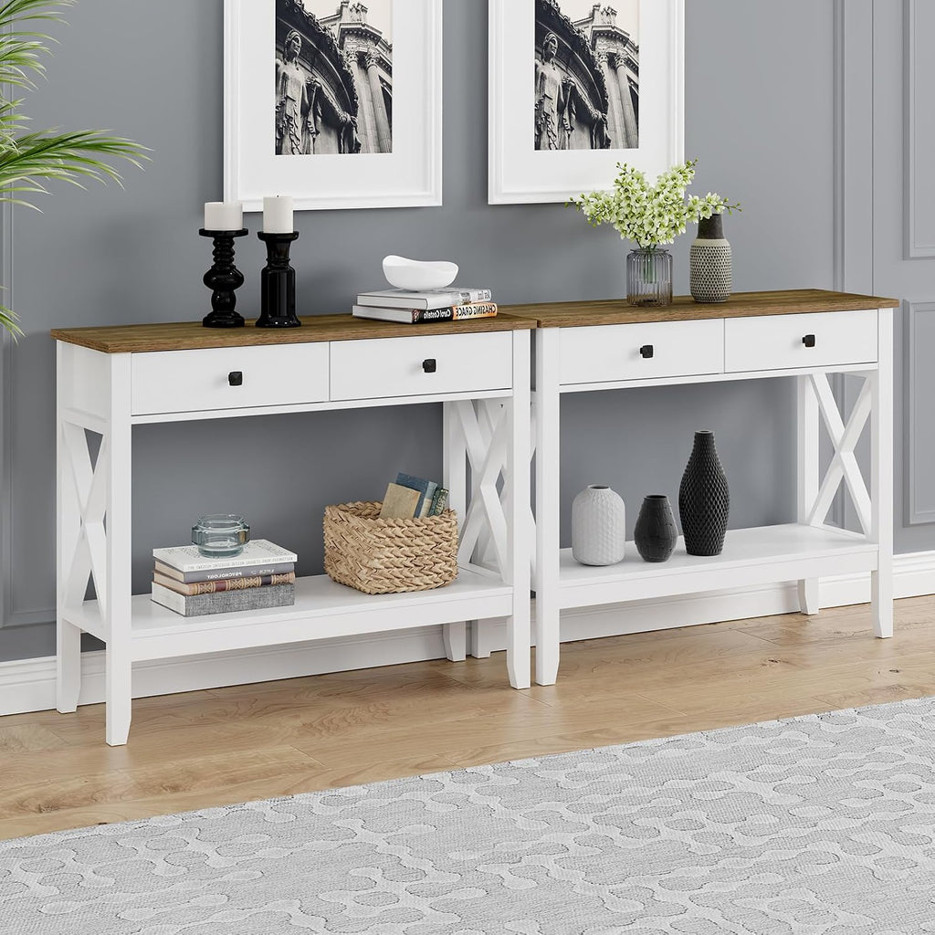 Lomojo Console Table,Sofa Table 13.8' D x 39.37' W x 31.5' HEntryway Table with 2 Drawers Storage Shelve Foyer Table for Entryway Farmhouse Hallway Tables (White)