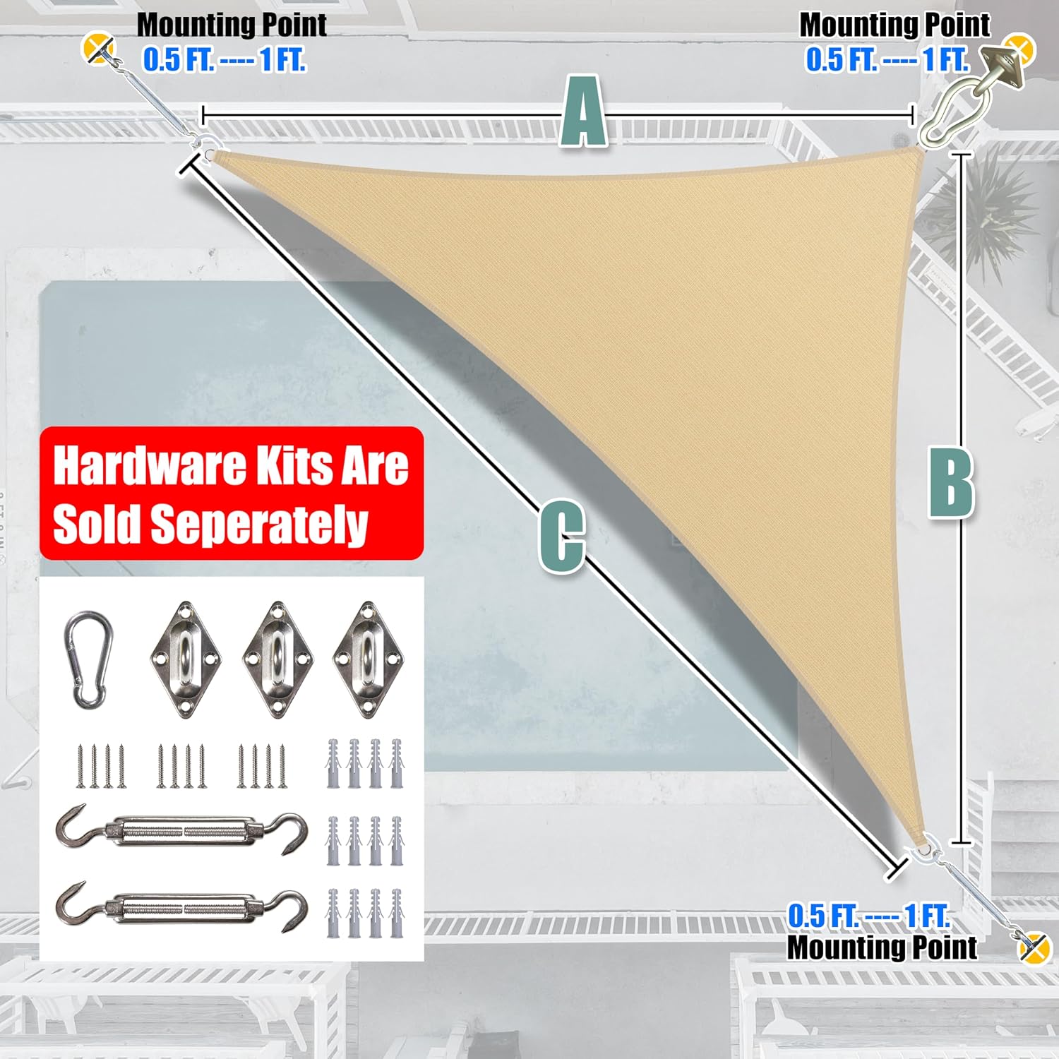 Amgo Custom Size 14' x 20' x 24.4' Beige Right Triangle Sun Shade Sail UPF50+ AGTAPT28, Order to Make Canopy Awning, 95% UV Blockage, Water & Air Permeable, Commercial Standard (We Customize)