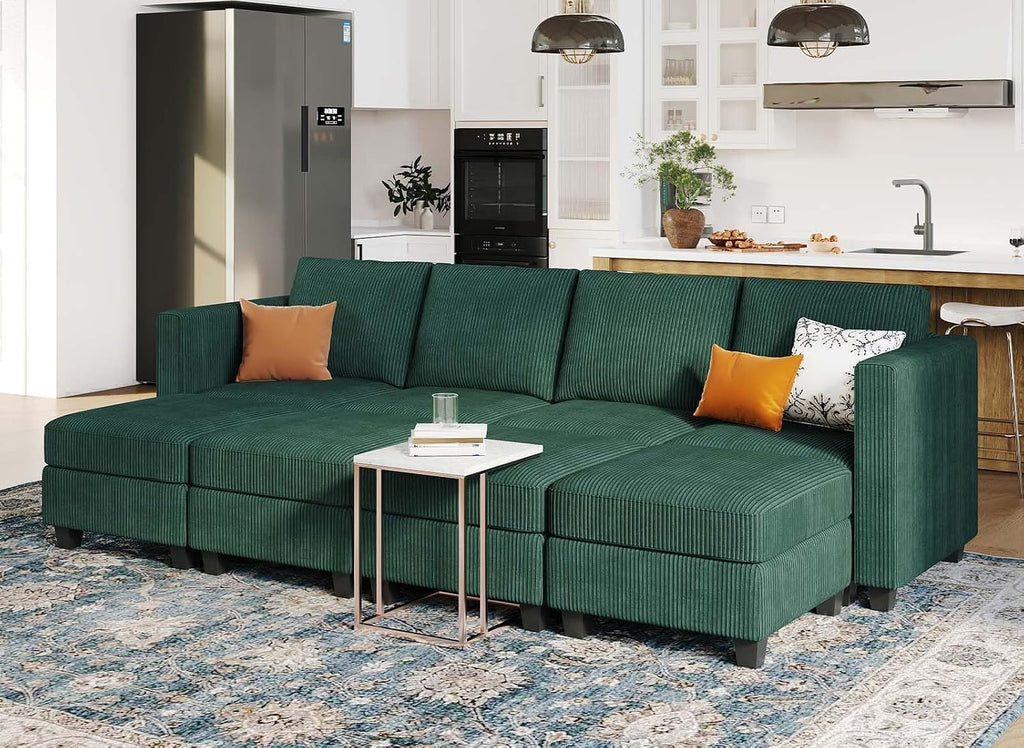 Belffin Oversized Modular Sectional Sleeper Couch, Corduroy Luxury Sectional Sofa with Storage Ottoman, Convertible Modern Sectional for Living Room, Green