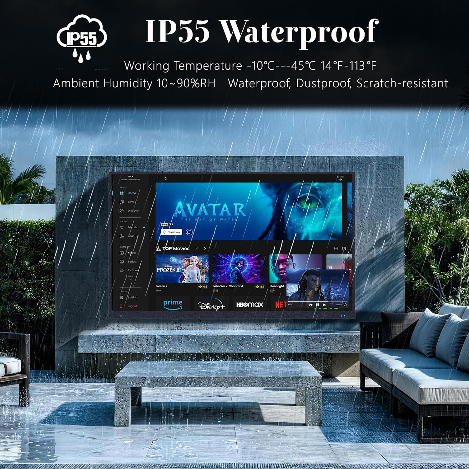 65 Inch Outdoor TV, 2000Nit 4K UHD, IP55 Waterproof & Dustproof Smart TV, Dolby Atmos Audio, WebOS 22 System with Voice Control, for Backyard, Poolside, Restaurant & Commercial Display