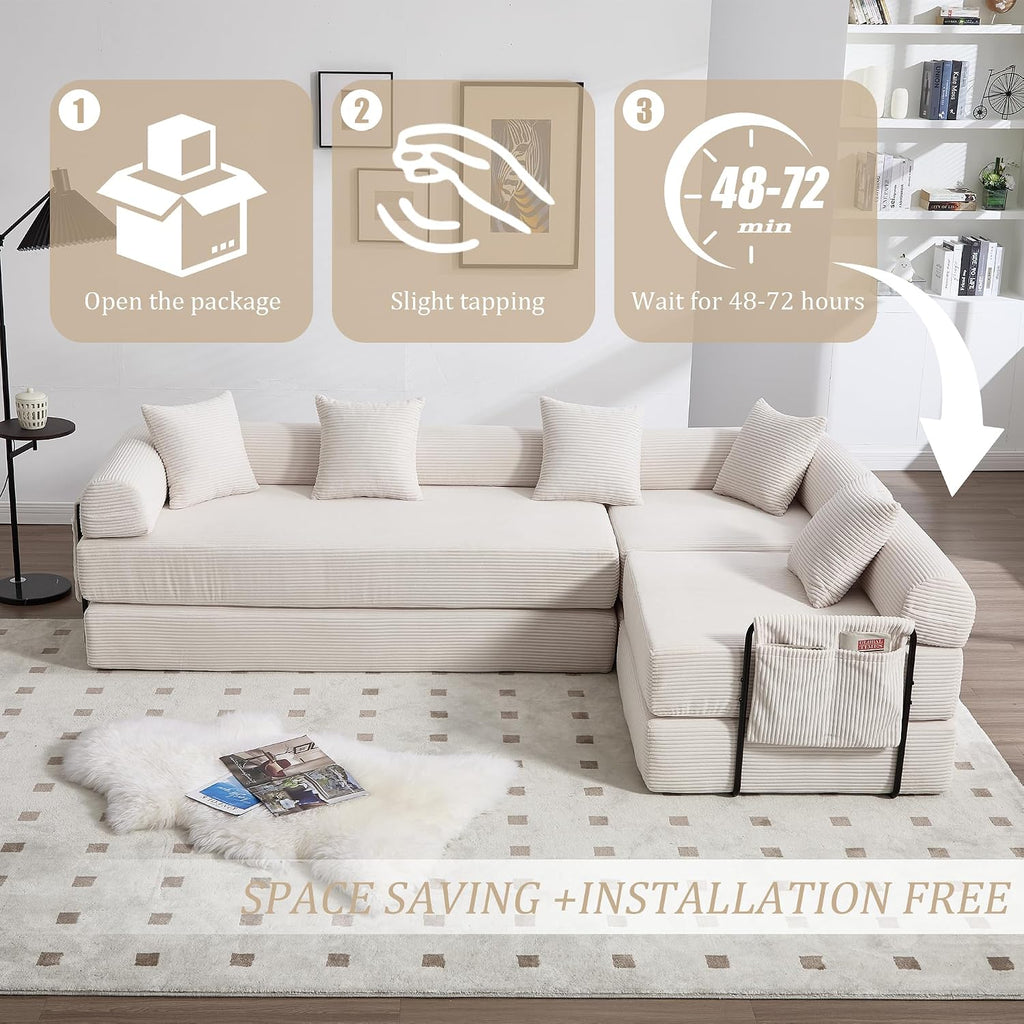 106' Oversized Convertible Sleeper Sofa Bed, Corduroy L Shape Sectional Couch, Folding Sofa Bed with Side Pocket, Modern Cloud Floor Mattress Couch, Modular Sofa for Living Room, Beige