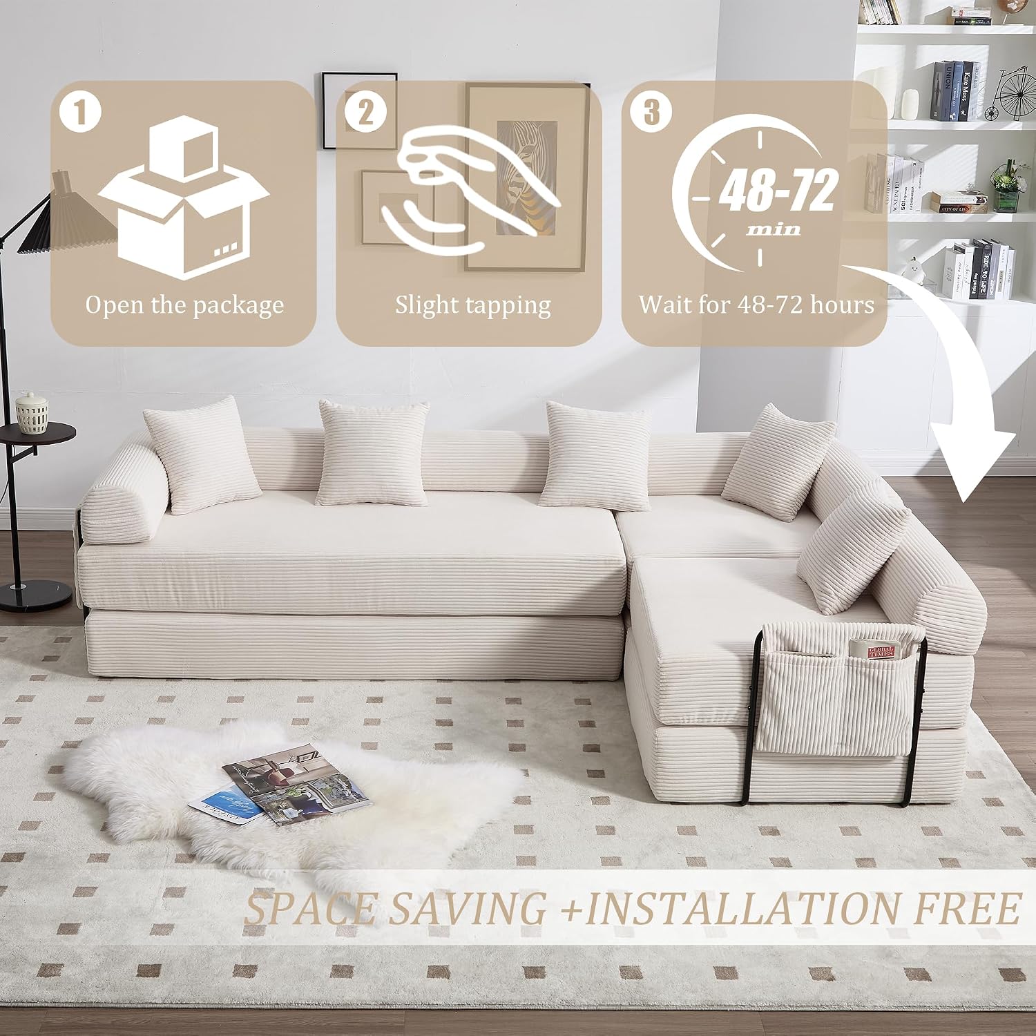 106' Oversized Convertible Sleeper Sofa Bed, Corduroy L Shape Sectional Couch, Folding Sofa Bed with Side Pocket, Modern Cloud Floor Mattress Couch, Modular Sofa for Living Room, Beige