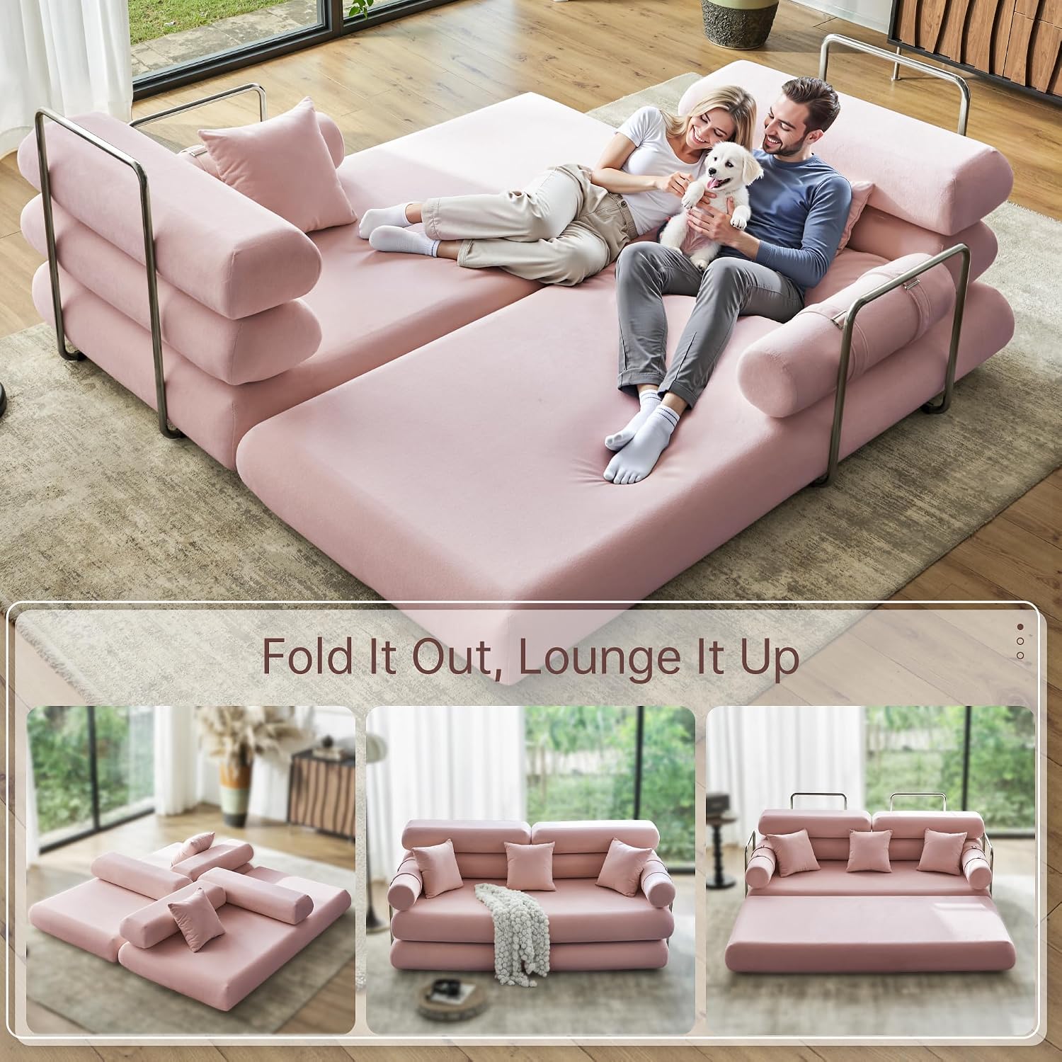 YINIX Convertible Sleeper Sofa - 35'' High-Back Floor Couch Bed - Folding Sofa Bed with Rounded Arm Supports - Floor Sofa Lounge Sofa Bed for Living Room - Pink