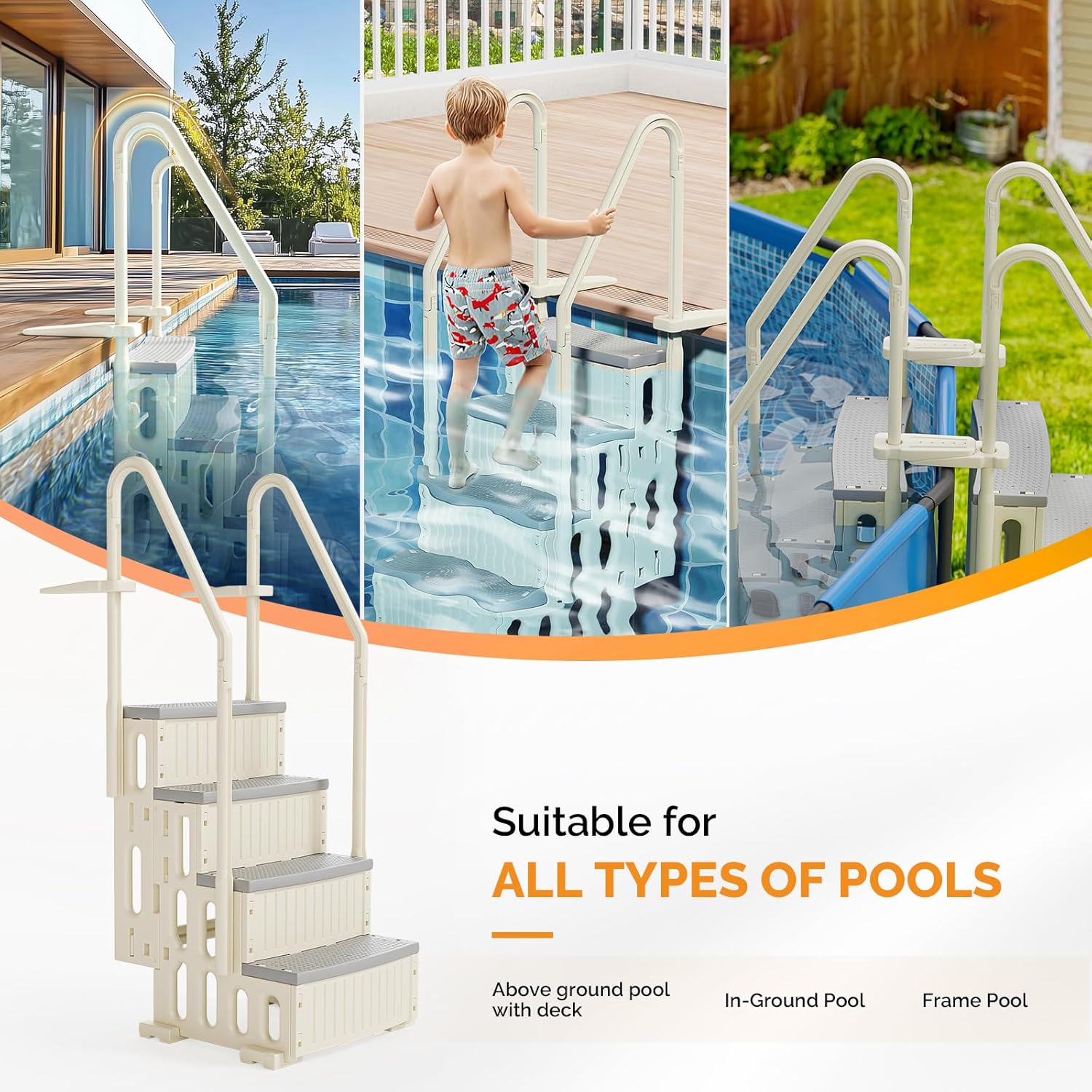 VINGLI Pool Ladder Heavy-Duty Safety Step for Above Ground Pools Stair Entry System with Handrails, Beige and Grey (Beige &Gray, 4 Steps)