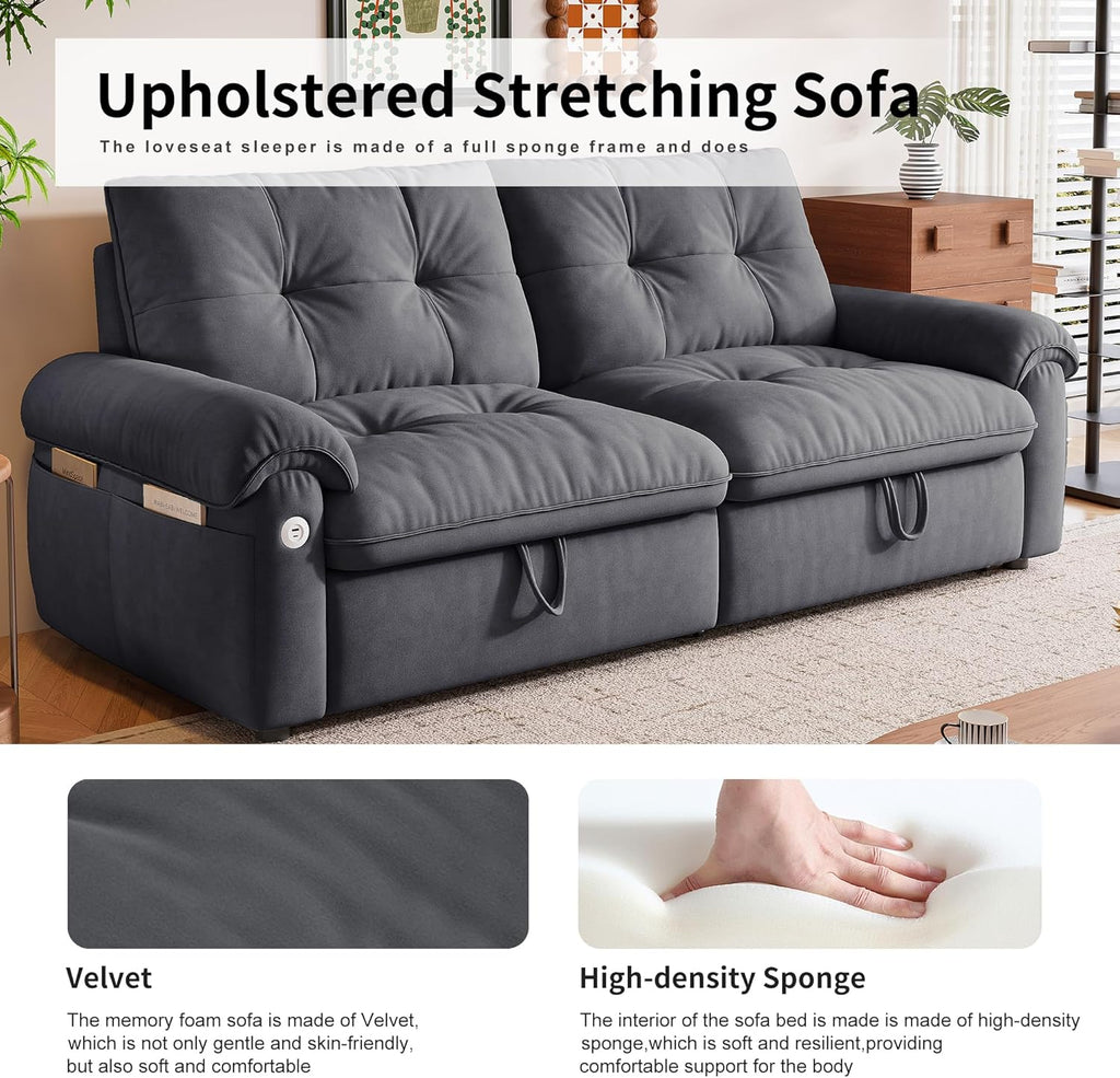 77' King Size Sleeper Sofa Bed, Convertible Pull Out Couch with Velvet Fabric, 3-in-1 Loveseat L Shaped Couch Bed with Adjustable Backrest, Side Pocket & USB Ports for Living Room Apartment