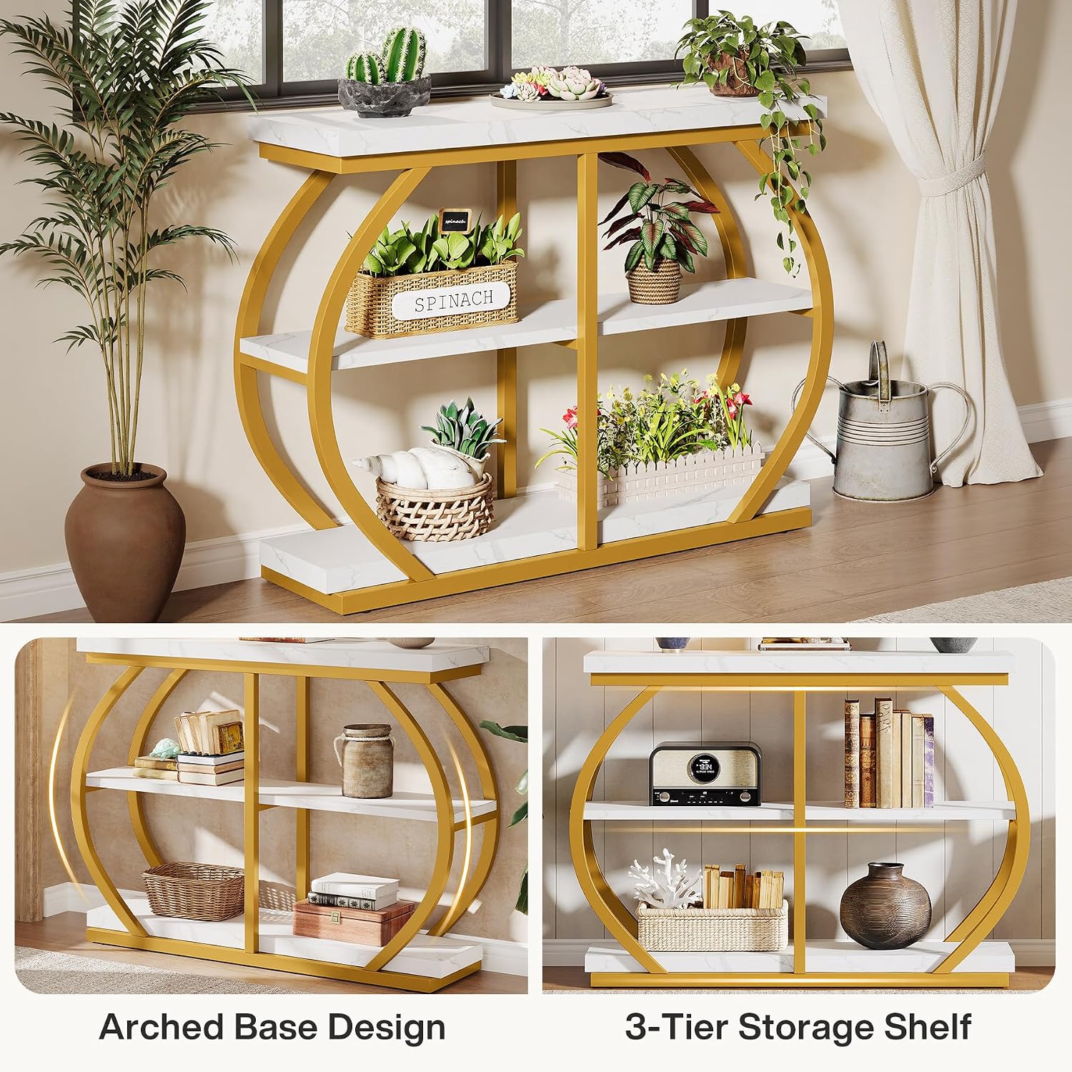 Tribesigns 41.3' Console Table, Industrial 3-Tier Entryway Table with Arched Metal Frame and Storage Shelves for Living Room, Hallway, White Gold