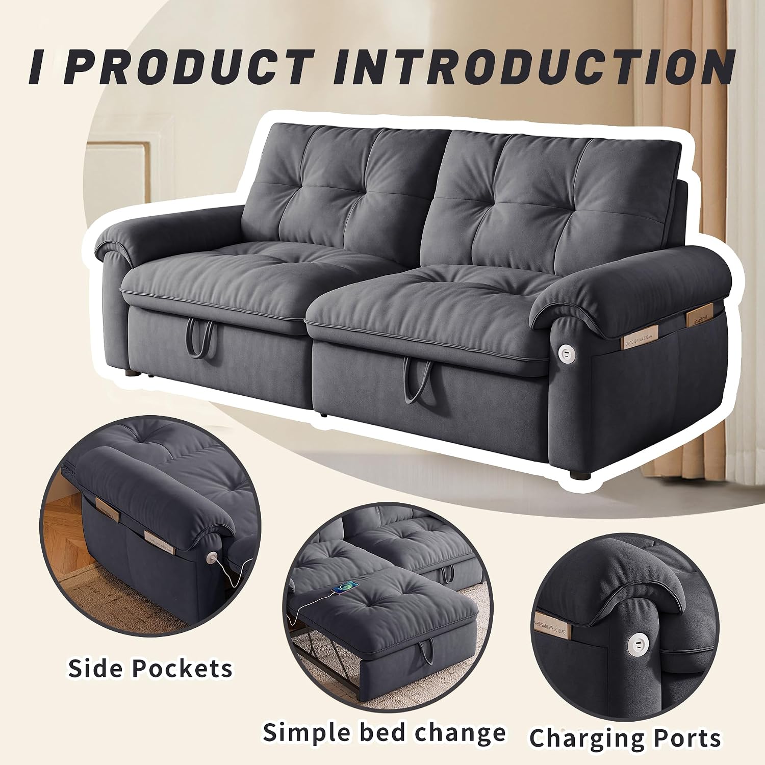 77' Queen Size Sofa Bed, Loveseat Sleeper Sofa with Pull Out Bed, Pockets and USB, Modern 2 Seater Convertible Small Couch for Living Room Bedroom Apartment, Gray
