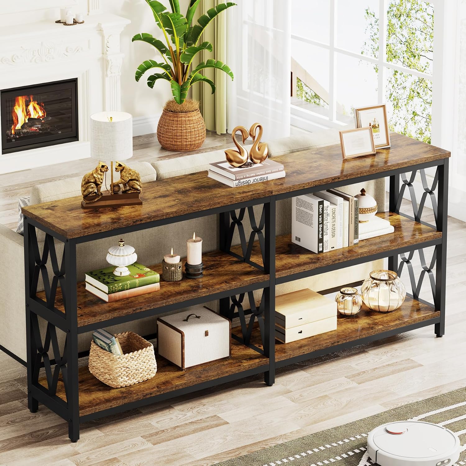 LITTLE TREE Console Table with Storage Shelves, 70.9' Industrial 3-Tier Sofa Table for Living Room, Long Foyer Table Entryway Table for Hallway, Front Door, Entrance, Rustic Brown & Black