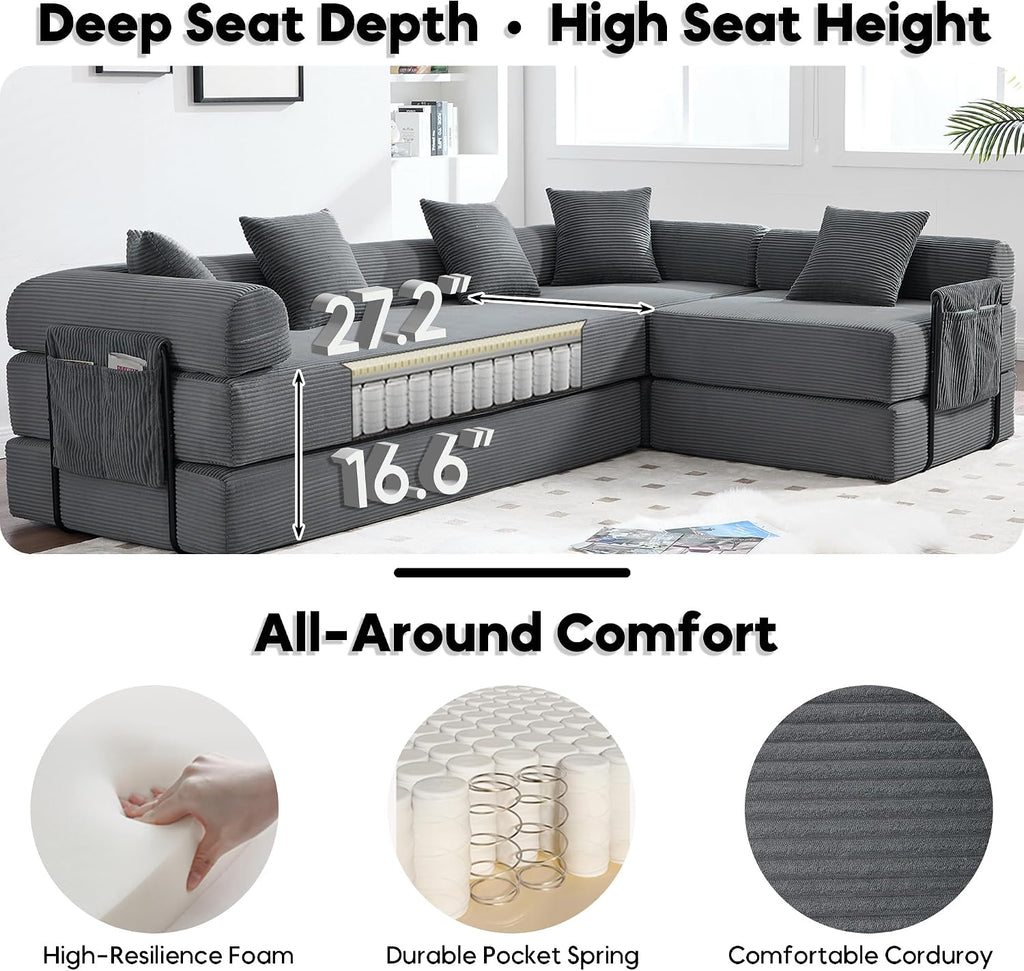 Oversized Modular Cloud Couch for Living Room, Corduroy L-Shaped Sectional Sleeper Sofa Bed with Fixed-Shape Frame, Modern Boneless Couch with Pillows & Storage，Grey