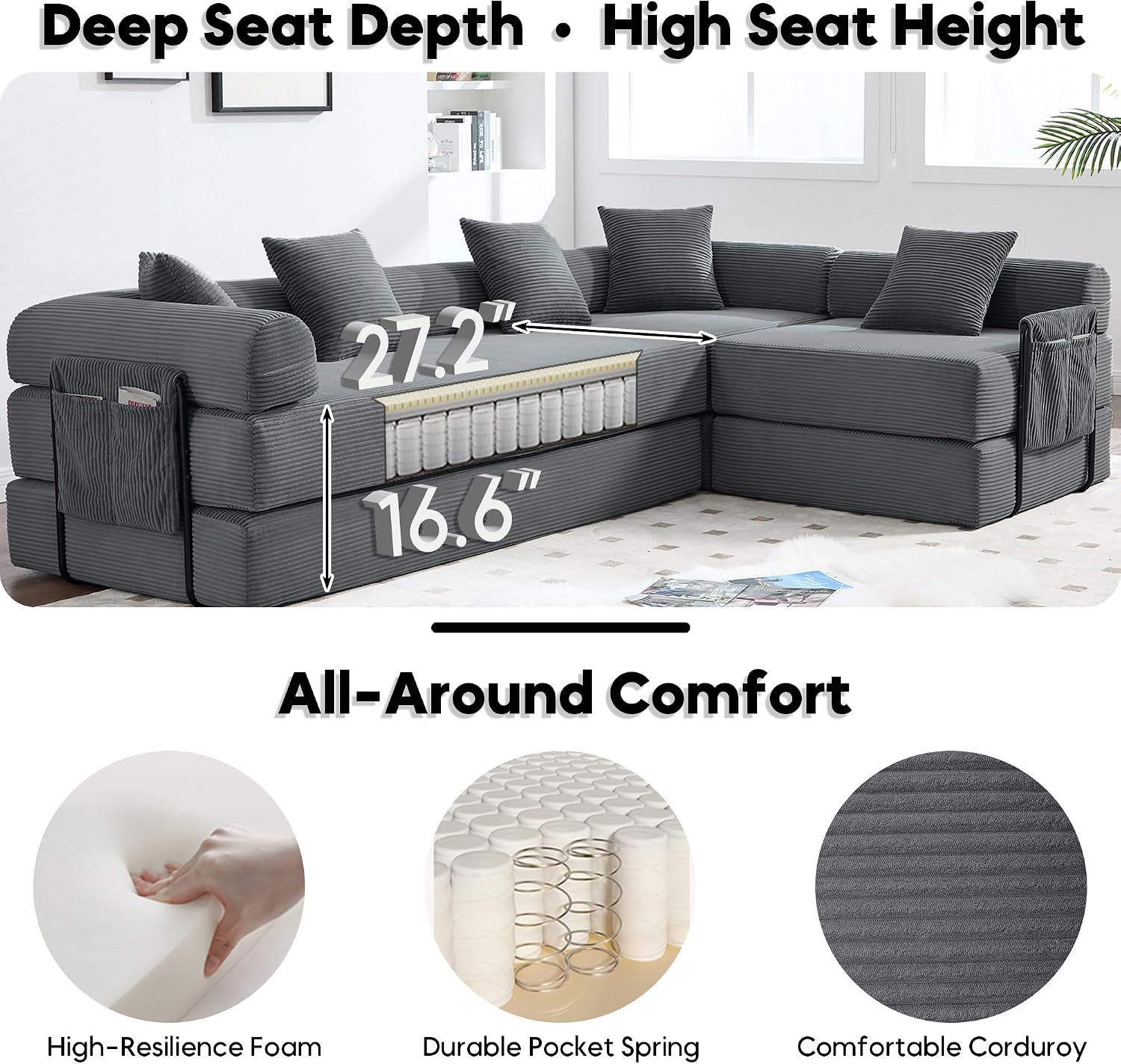 Oversized Modular Cloud Couch for Living Room, Corduroy L-Shaped Sectional Sleeper Sofa Bed with Fixed-Shape Frame, Modern Boneless Couch with Pillows & Storage，Grey