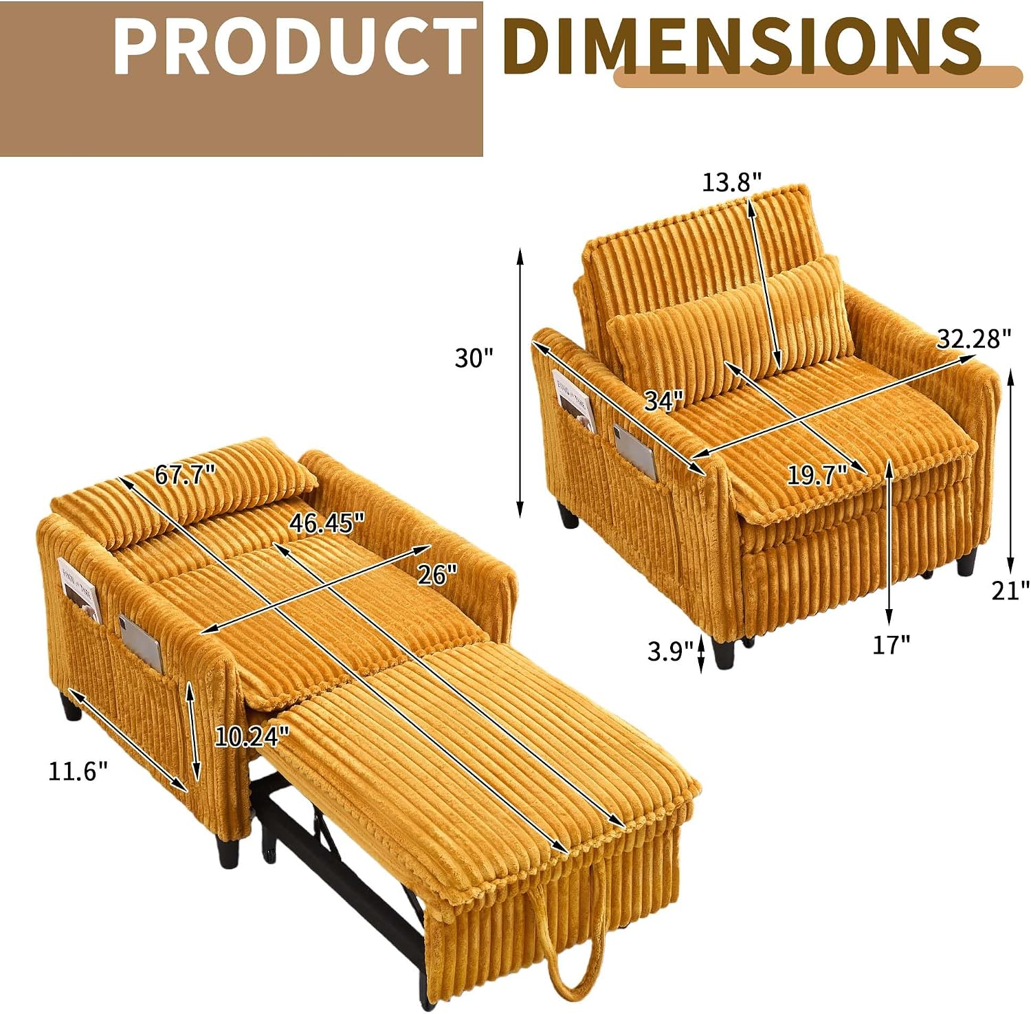 Majnesvon Modern Corduroy Fabric Sofa Bed Futon, 3 in 1 Convertible Pullout Bed Sleeper Couches with 3 Reclining Backrests, Small Sofa Chair Bed for Living Room Bedroom (Yellow)