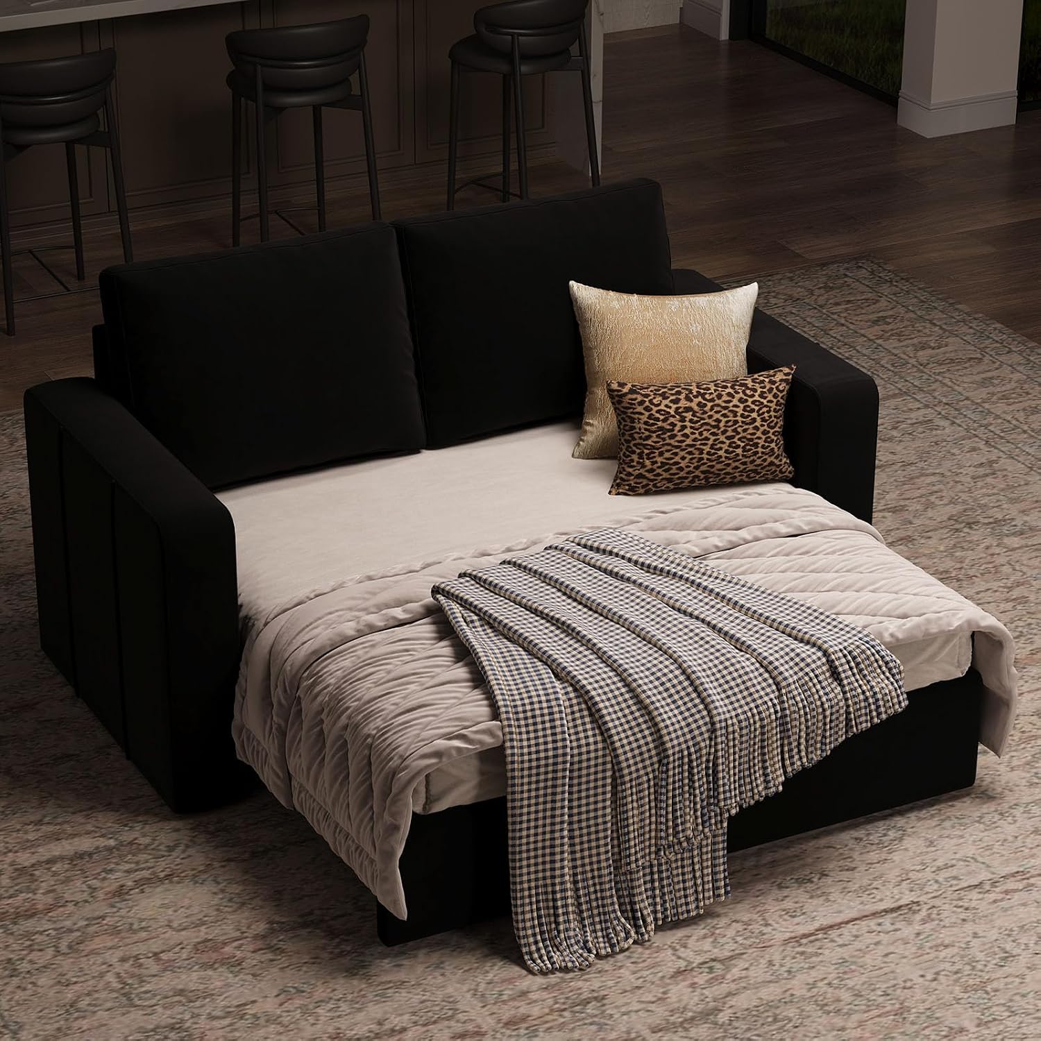 Belffin Modular Sectional Sleeper Sofa with Pull Out Couch Bed Velvet Fabric Loveseat Sleeper Sectional Couch for Living Room Apartment Black