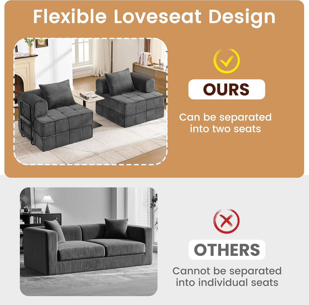 Korser Folding Convertible Sofa Bed, Corduroy Upholstered Boneless Couch, Small Sectional Cloud Couch, Loveseat Sleeper Sofa, Modular Futon Floor Sofa Couch for Living Room Bedroom Lounge, No Assembly