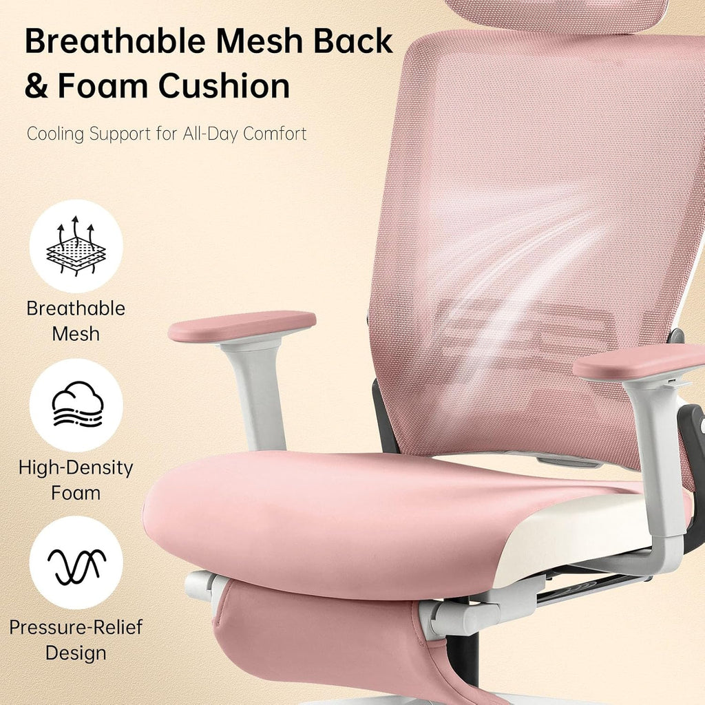 Foldable Office Chair with Foot Rest, Ergonomic Office Chair with Adjustable Lumbar Support, Headrest, Armrest, Home Office Desk Chair for Space Saving, Work from Home, Pink