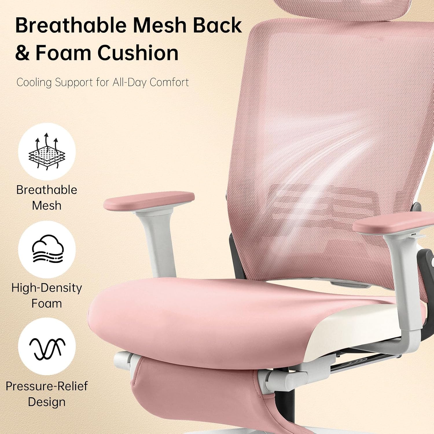 Foldable Office Chair with Foot Rest, Ergonomic Office Chair with Adjustable Lumbar Support, Headrest, Armrest, Home Office Desk Chair for Space Saving, Work from Home, Pink