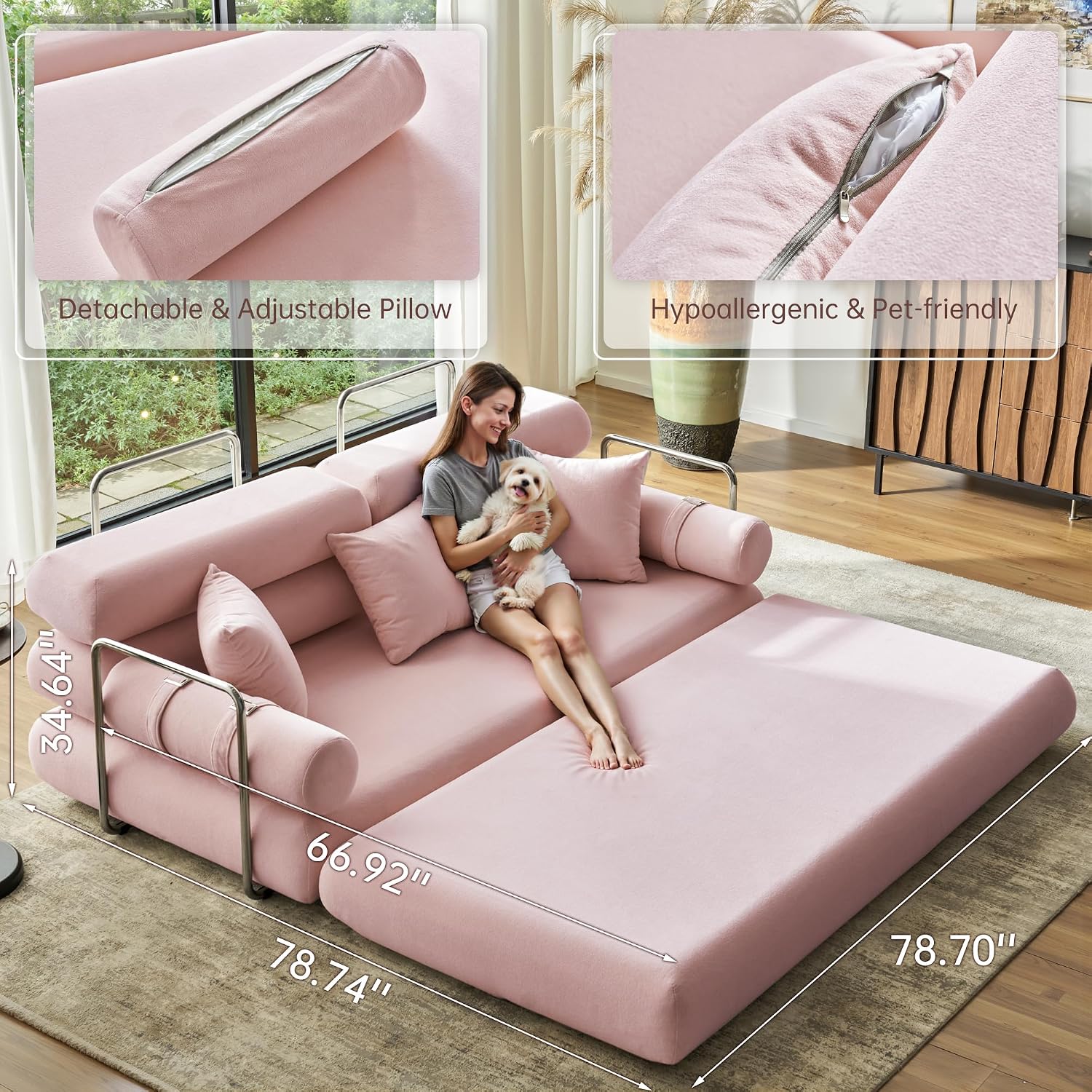YINIX Convertible Sleeper Sofa - 35'' High-Back Floor Couch Bed - Folding Sofa Bed with Rounded Arm Supports - Floor Sofa Lounge Sofa Bed for Living Room - Pink
