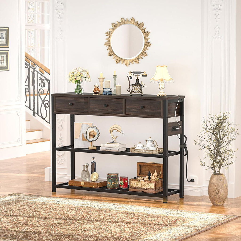 Ecoprsio 47'' Entryway Table with Outlets and USB Ports, Console Table with 3 Drawers, Sofa Table Narrow Long with Storage Shelves for Living Room, Couch, Hallway, Foyer, Black Walnut Finish