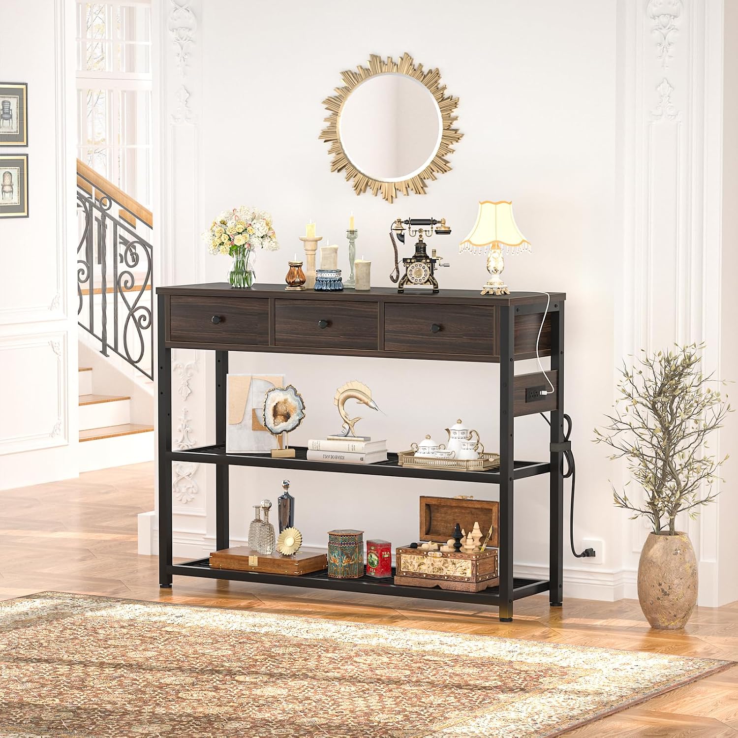 Ecoprsio 47'' Entryway Table with Outlets and USB Ports, Console Table with 3 Drawers, Sofa Table Narrow Long with Storage Shelves for Living Room, Couch, Hallway, Foyer, Black Walnut Finish