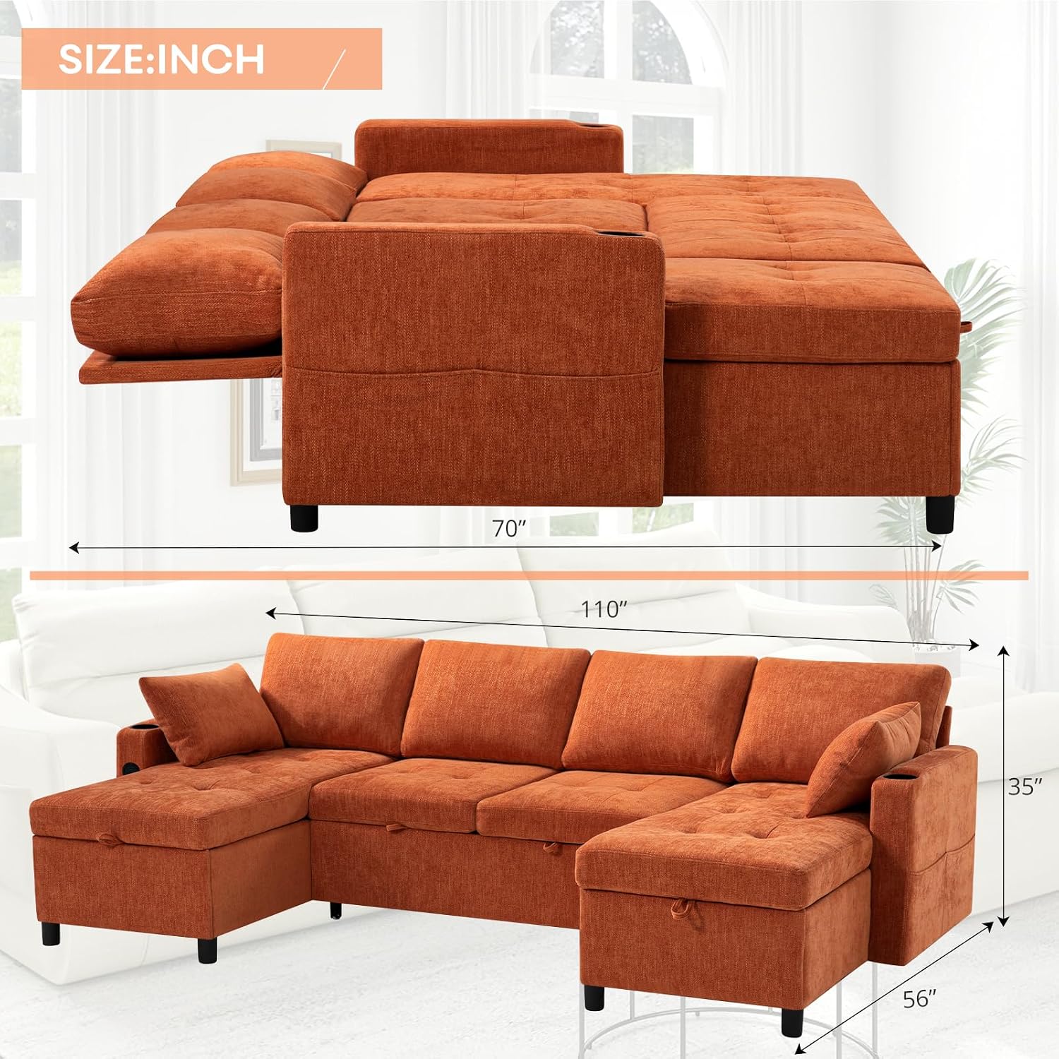 110' Chenille Pull-Out Couch Bed w/Adjustable Backrests, Sectional Sleeper Sofa w/USB Ports & 2 Cup Holders, Upholstered U-Shaped Couch w/Storage Chaise for Living Room, House, Orange