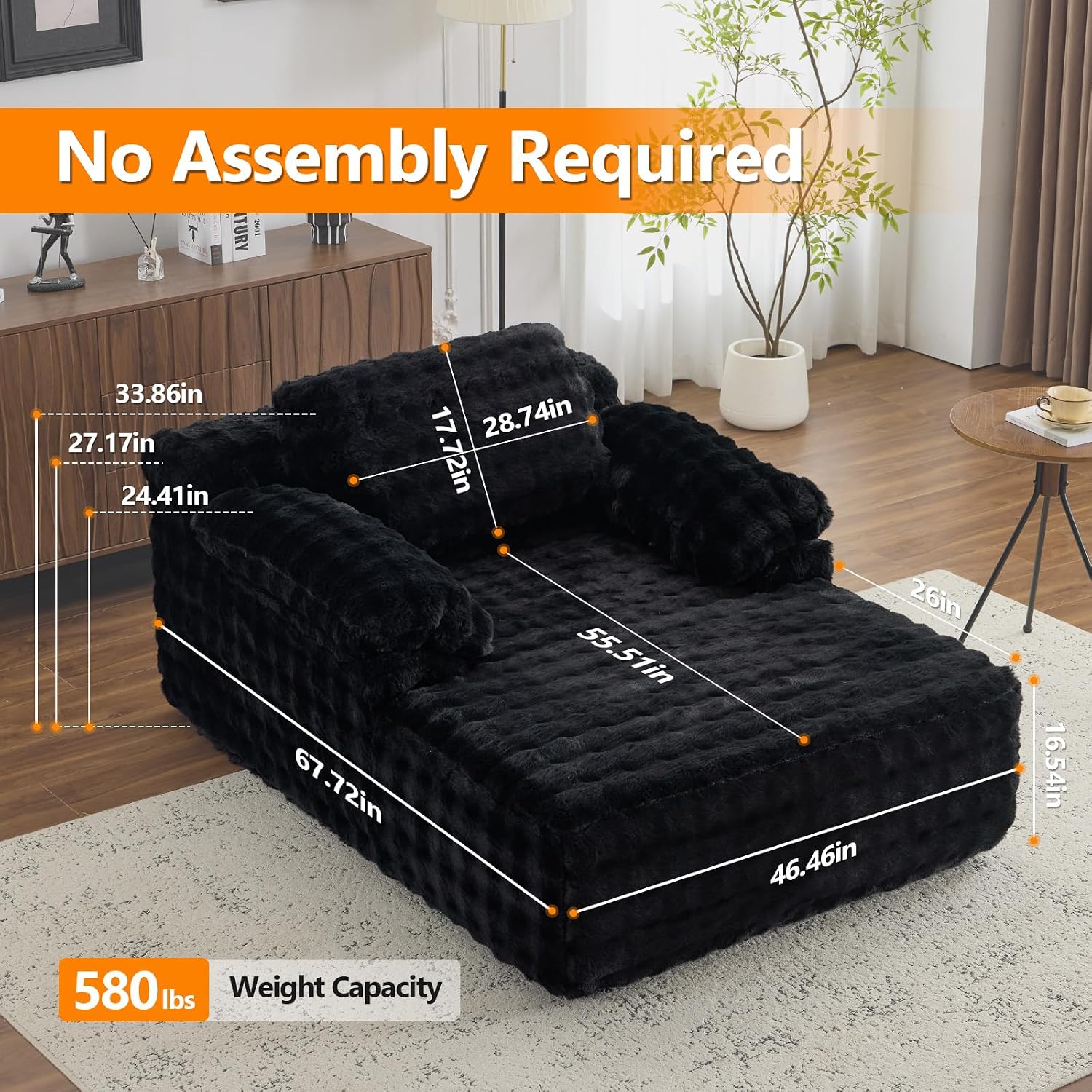 VINGLI Chaise Lounge Chair, Black Boneless Couch Oversized Reading Chair Upholstered Bubble Fleece Cloud Couch Sofa Recliner Bed Comfy Sleeper Couches for Living Room, Movie Room, Bedroom