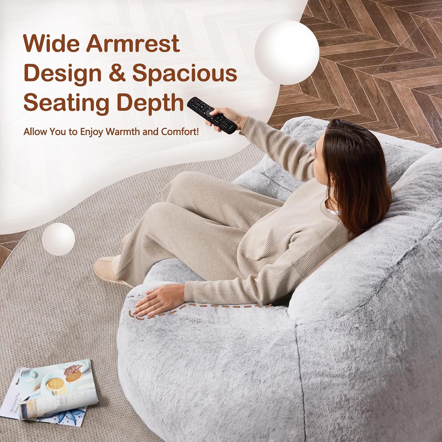 Homguava Beanbag Chair Bean Bag Chairs for Adults Bean Bags Giant Bean Bag Sofa with Spacious Cushion Bean Bag Couch with Armrest Large Bean Bag Chair with Filler for Living Room Bedroom (Light Grey)