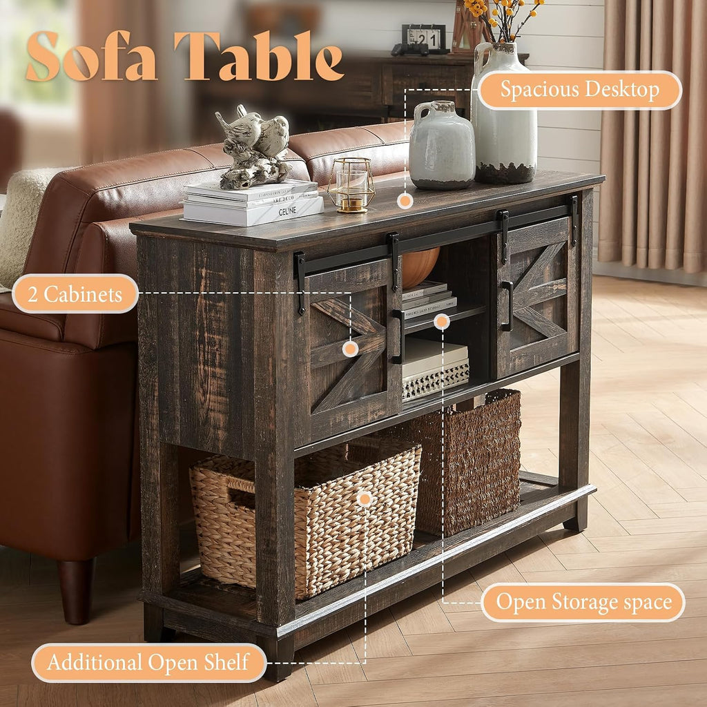 AMERLIFE Sofa Table with Sliding Barn Doors, TV Console Table, 46' Farmhouse Rustic Storage Entryway Table, Adjustable Open Shelves, Hallway, Living Room, Bedroom, Rustic Oak Black