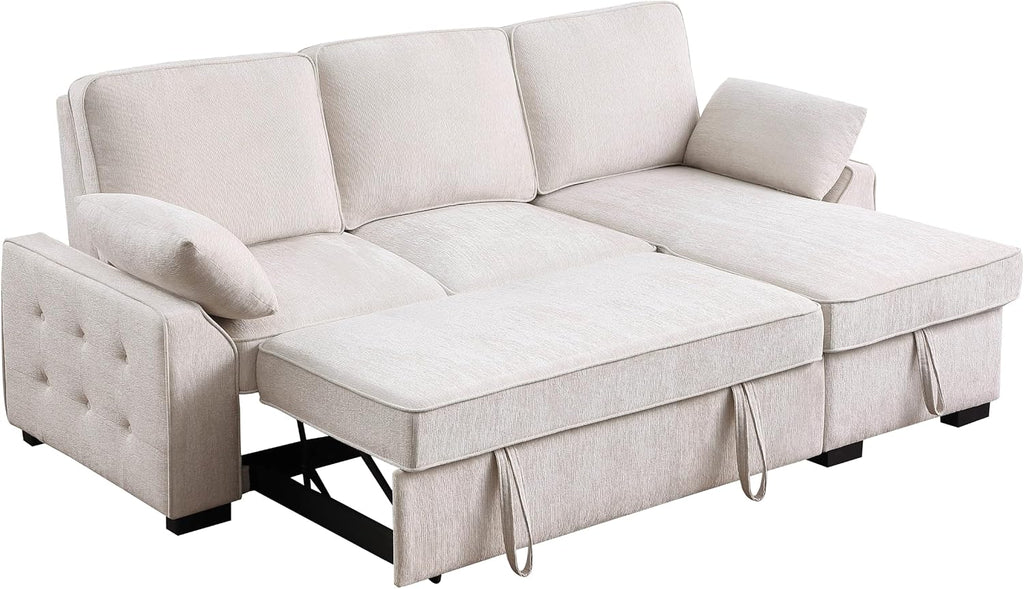 ERYE L-Shaped Pull Out Sleeper Couch Bed, Modern Chenille Upholstered Button Tufted Corner Couch Reversible Sectional Sleeper Sofa Bed W/Storage Chaise, Cup Holders