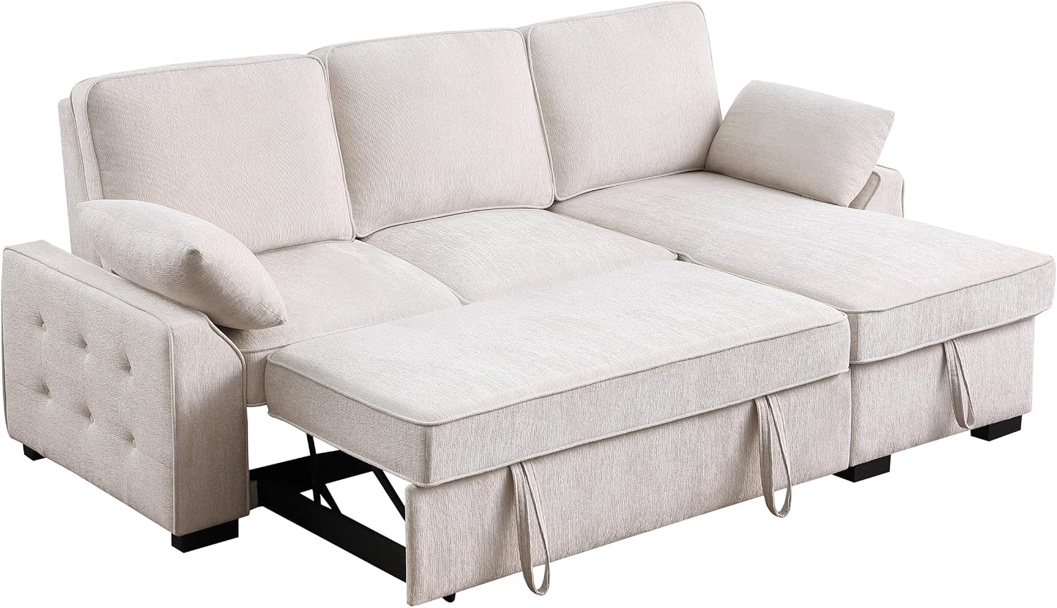 ERYE L-Shaped Pull Out Sleeper Couch Bed, Modern Chenille Upholstered Button Tufted Corner Couch Reversible Sectional Sleeper Sofa Bed W/Storage Chaise, Cup Holders
