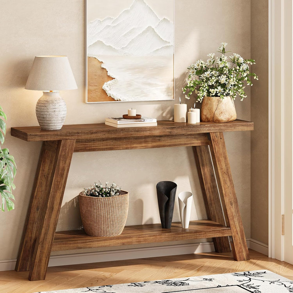 Console Table, 55-Inch Entryway Table with Storage 2-Tier Narrow Wood Console Table Behind Couch Sofa Tables for Living Room, Entryway, Hallway (Light Brown)