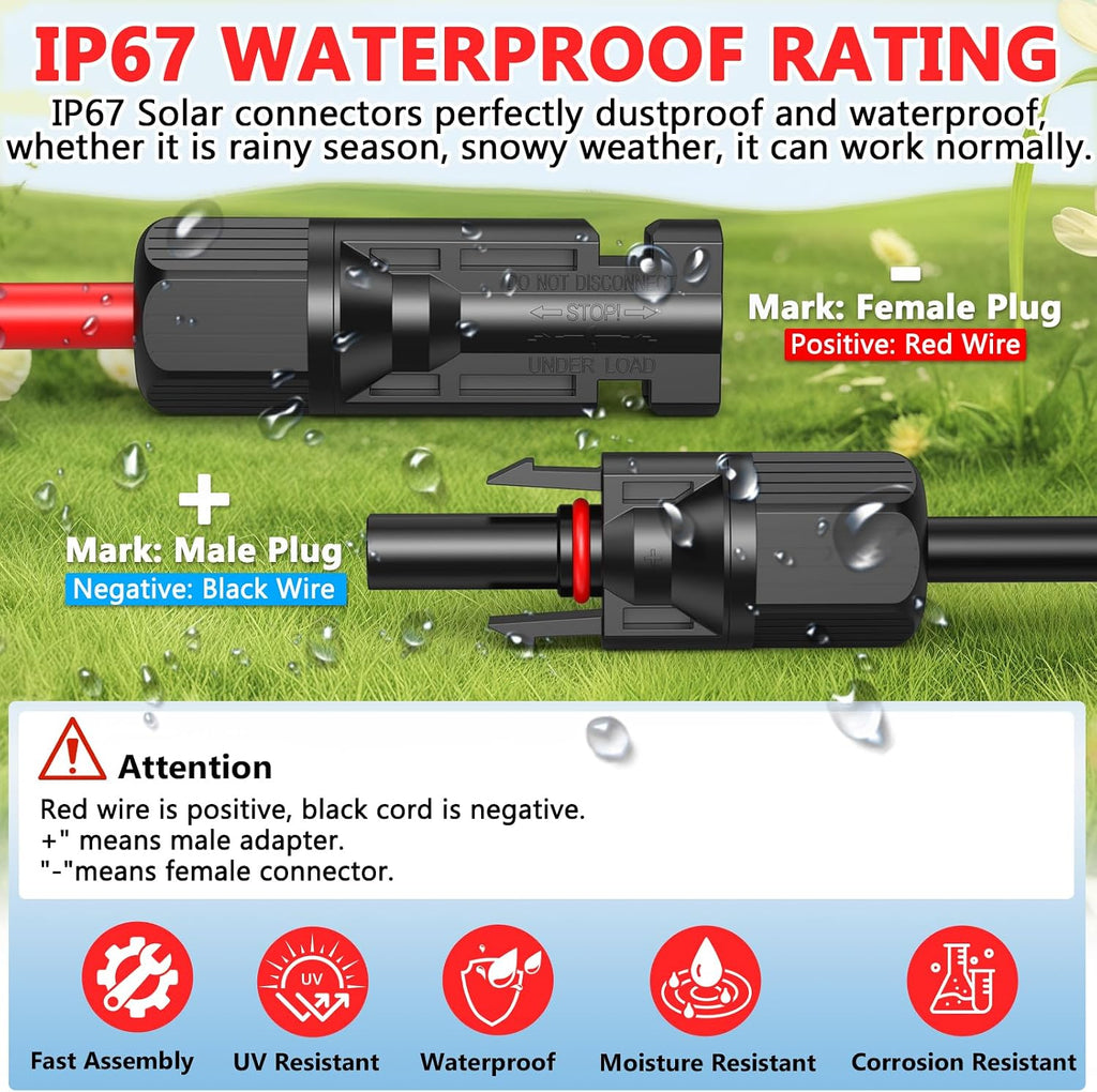 Vansdon 2x100 Feet Solar Panel Extension Cable, 10AWG Solar Cable with Female and Male Waterproof Connectors for RV, Photovoltaic Systems (100FT Red + 100FT Black)