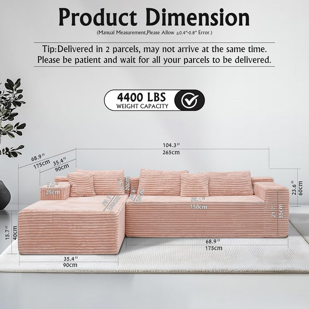 Sectional couches for Living Room Corduroy Couch, 104' Cloud Sectional Couch with L-Shape Chaise, Modern Modular Sofa, Deep Seat Comfort, No Assembly Required(Plush Corduroy, Left Facing Chaise)