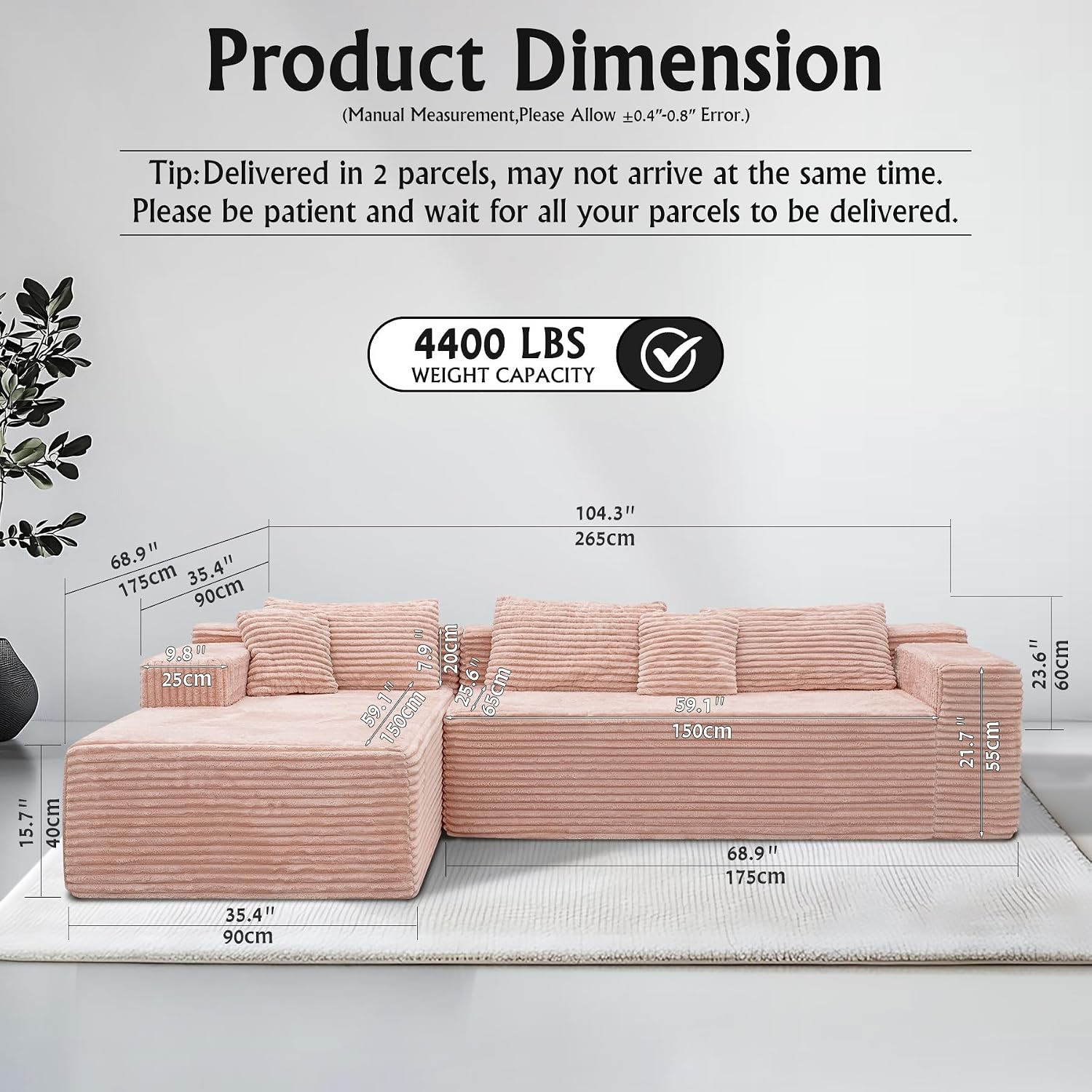 Sectional couches for Living Room Corduroy Couch, 104' Cloud Sectional Couch with L-Shape Chaise, Modern Modular Sofa, Deep Seat Comfort, No Assembly Required(Plush Corduroy, Left Facing Chaise)