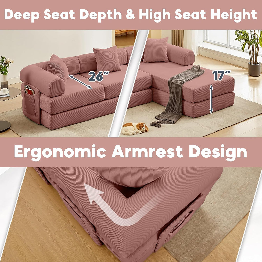 Modular L Shaped Sofa Bed with Cylindrical Pillow & Reversible Chaise, Corduroy Convertible Floor Boneless Sofa Couch Bed with Fixed-Shape Frame & Storage Pocket for Living Room, Pink