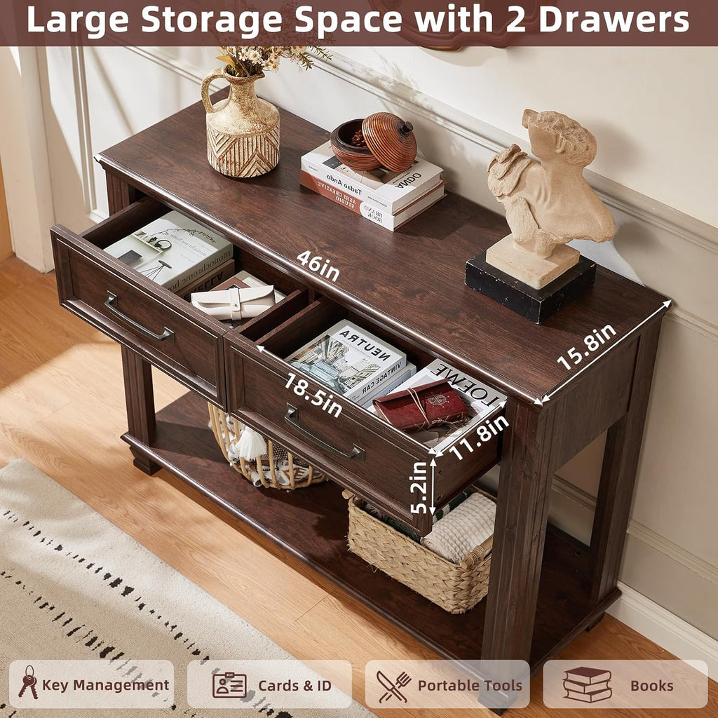 SAVOR LIFE Farmhouse 46' Console Table with 2 Drawers, Rustic Wood 2 Tier Entryway Table with Open Storage Shelf for Entry, Large Mid-Century Vintage Sofa Tables Behind Couch for Living Room, Walnut