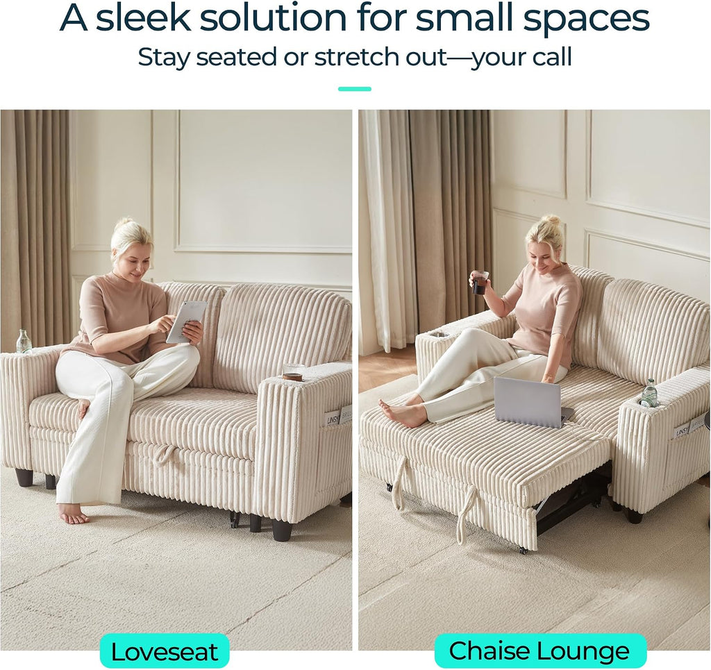 LINSY HOME Loveseat Sofa Couch with USB Charging & Cup Holders, Convertible Pull Out Couch Chaise 2 Seater Sofa, Comfy Plush Corduroy Love Seat for Small Spaces Living Room Apartment (Beige)