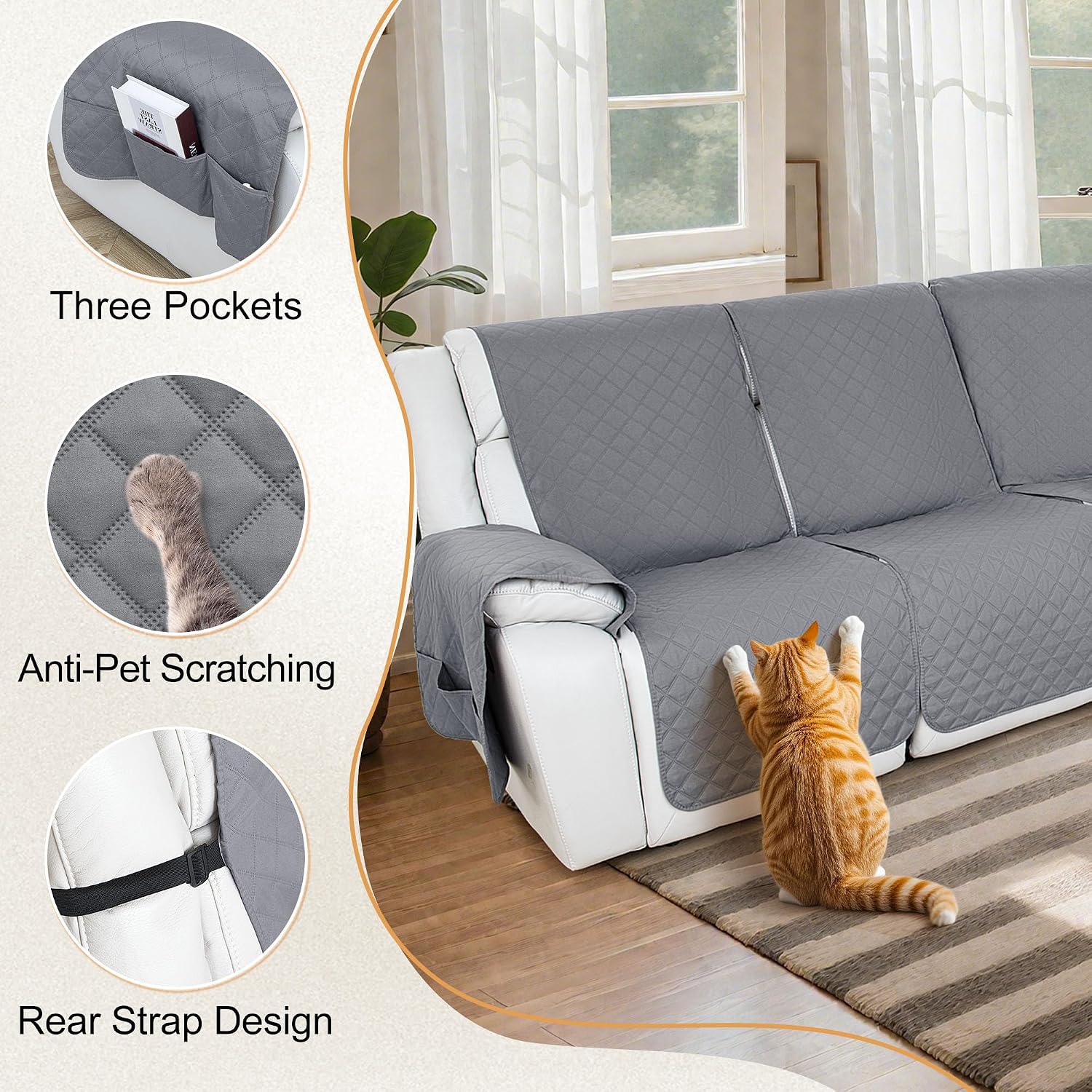 HDCAXKJ 100% Waterproof Reclining Sectional Couch Covers L Shape Recliner Sofa Cover Washable Quilted Soft Pet Dog Corner Recliner Slipcovers with Pockets (XL 5 Seat Recliner Couch, Silver Gray)