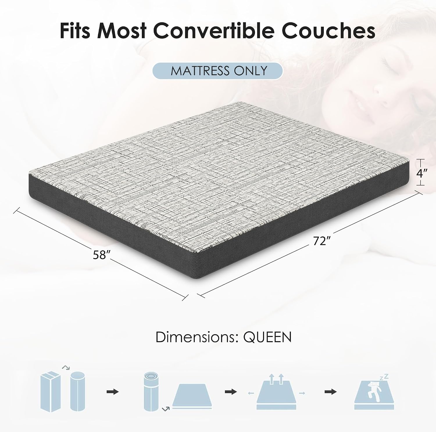 4 Inch Sofa Mattress Queen Size, Memory Foam Mattress for Sleeper Sofas/Pull Out Couchs/Daybeds/RVs/Boats & Guest Rooms, Fiberglass-Free & CertiPUR-US Certified Bed Replacement