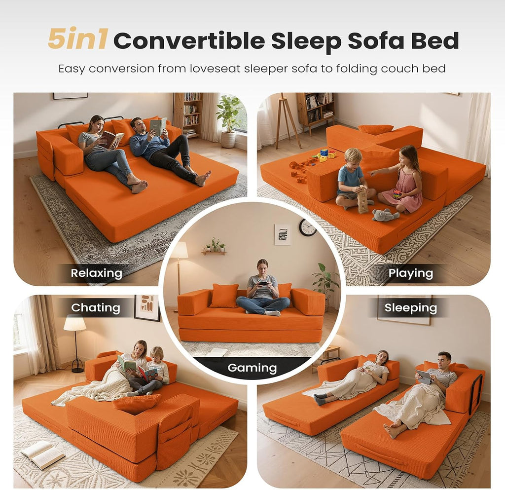5‑in‑1 Futon Sofa Bed Queen–Floor Foldable Convertible Sofa Couch with L‑Shaped Armrests, Removable Cover, Orange Convertible Guest Bed | Space‑Saving Fold‑Out Mattress Lounge for Living Room/Bedroom