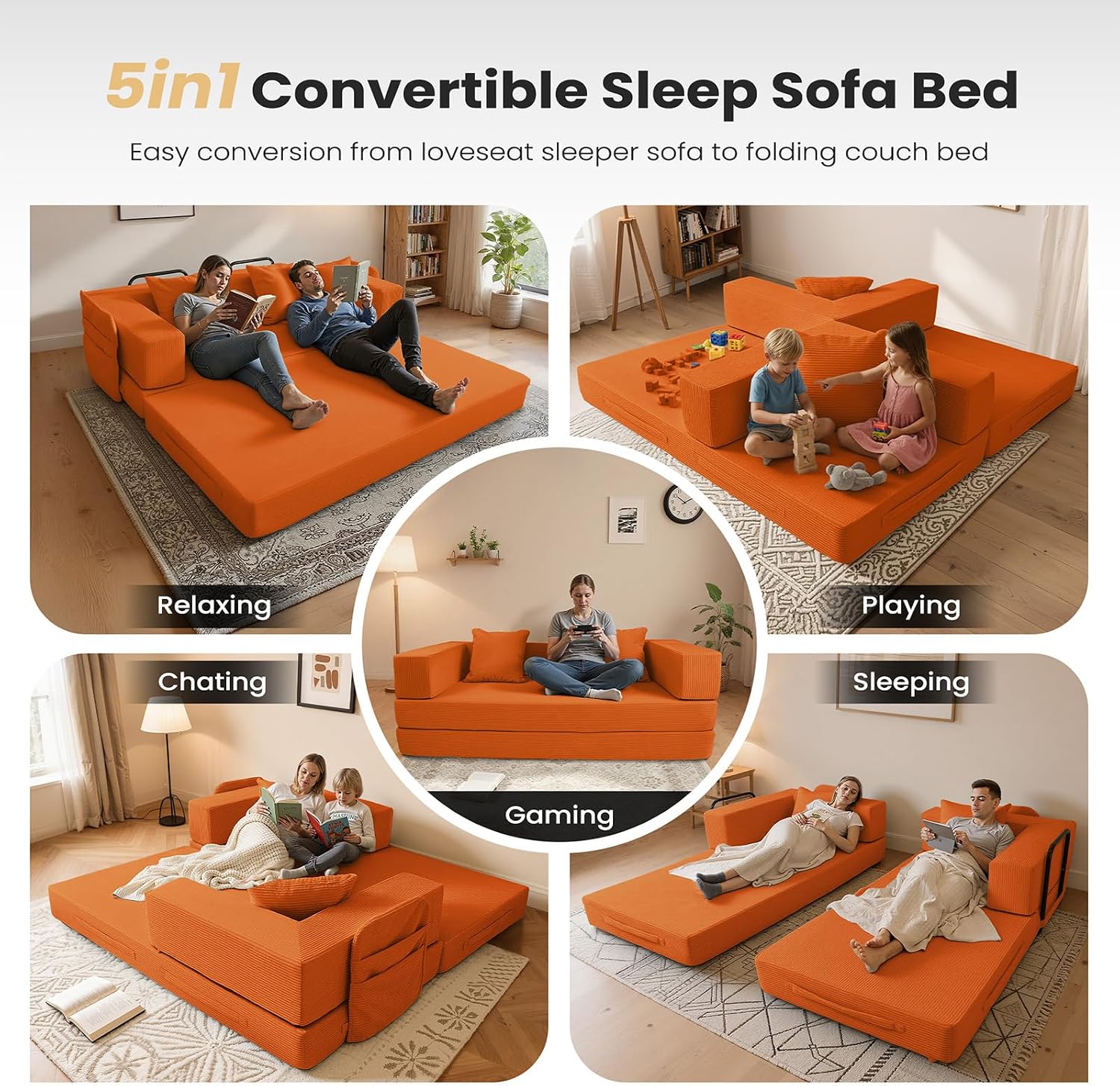 5‑in‑1 Futon Sofa Bed Queen–Floor Foldable Convertible Sofa Couch with L‑Shaped Armrests, Removable Cover, Orange Convertible Guest Bed | Space‑Saving Fold‑Out Mattress Lounge for Living Room/Bedroom