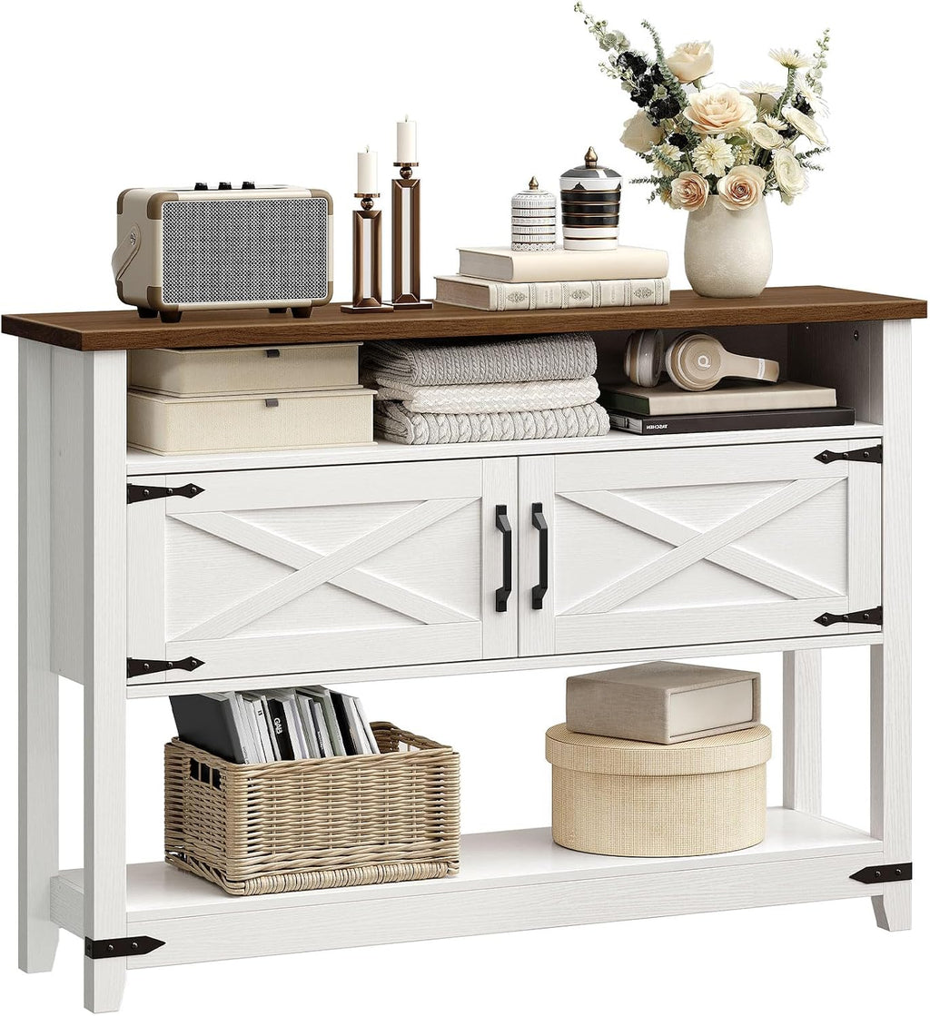HOOBRO Farmhouse Console Table with Storage, 47.2' Long Entryway Table, White Sofa Table with Doors and Cabinets, Narrow Sofa Table Behind Couch, for Hallway, Foyer, White and Walnut