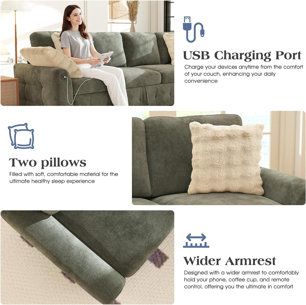 Ihanherry Modular Convertible Sectional Sofa Bed, Reversible Chaise & Storage Ottoman, 3-Seater Pull Out Sleeper with USB Ports & Chenille Fabric, for Small Space, Living Room, Apartment（Gray）