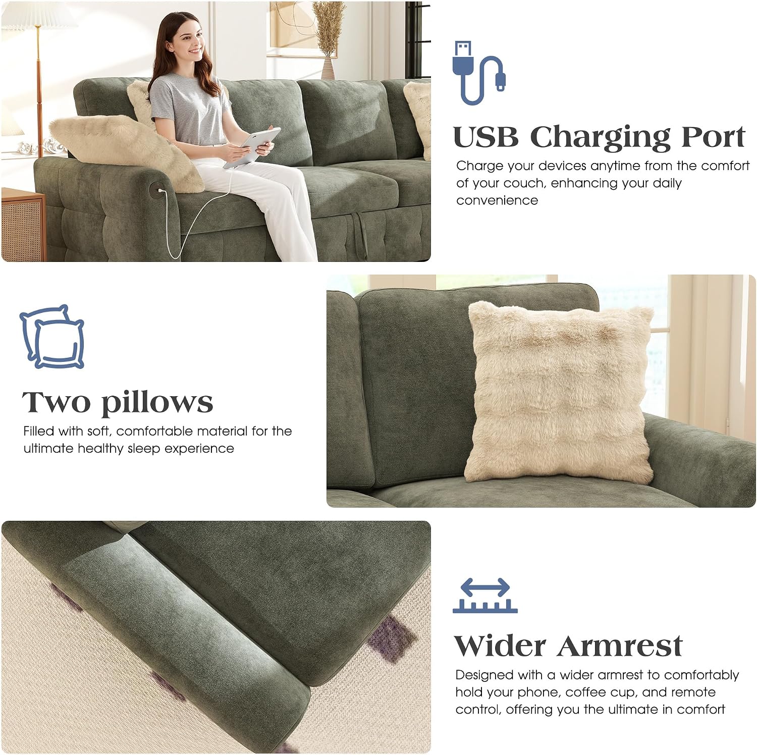 Ihanherry L-Shaped Sectional Sofa Bed, 6-Seater Convertible Pull Out Sleeper with Storage Ottoman, USB Charging Ports & Wide Armrests, Premium Chenille Fabric for Large Living Room, Apartment（Gray）