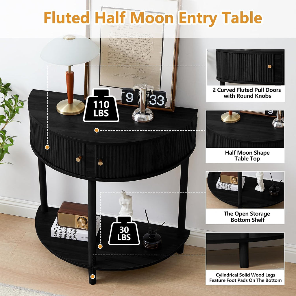 XUZENEST Fluted Half Moon Console Table, Modern Small Entry Table Sofa Table with Storage, Solid Wood Legs Narrow Entryway Table for Living Room, Hallway, Foyer(Black)
