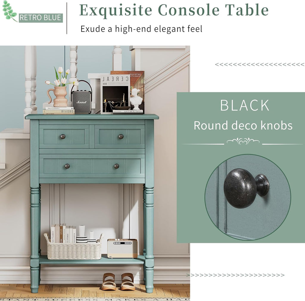 Merax Narrow Console Table, Elegant Slim Sofa Table With Three Storage Drawers and Bottom Shelf for Entryway, Hallway, and Living Room (Light Blue)