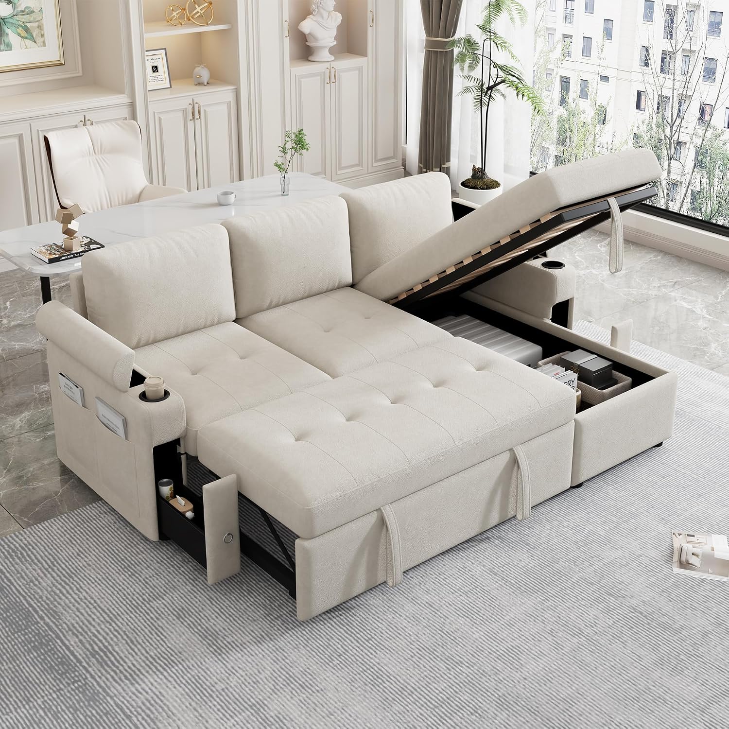 Merax Modern 83.5' L-Shaped Sectional Sofa with Pull-Out Sleeper Bed, USB Ports & Cup Holders, Chenille 3-Seat Couch with Storage Chaise Lounge, Side Pocket & Drawers for Living Room, Beige