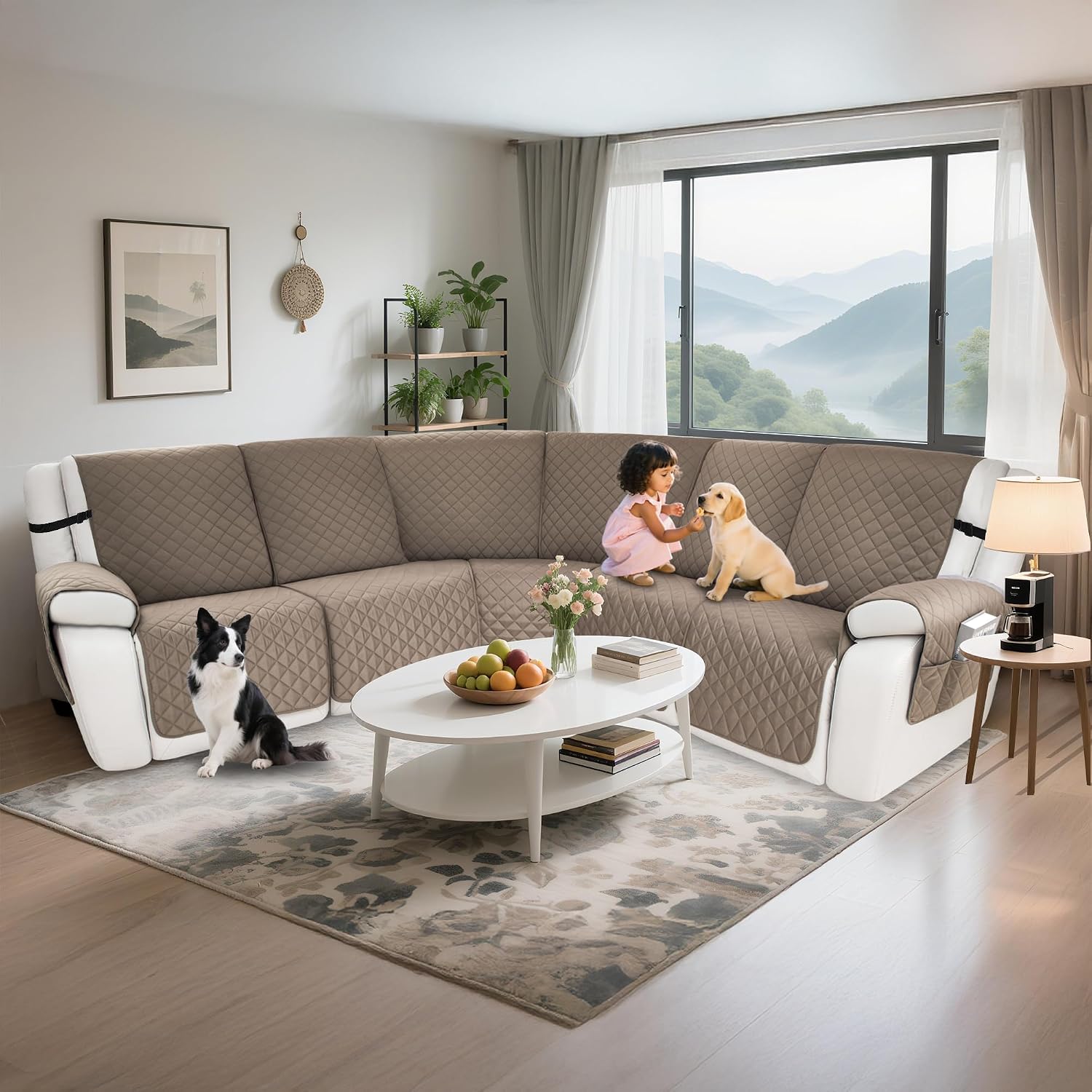Waterproof Sectional Reclining Couch Covers L Shaped Recliner Sectional Sofa Cover 7 Piece Non Slip Washable Corner Recliner Slipcover Set for Pet Dog (5 Seater Cover, Camel)
