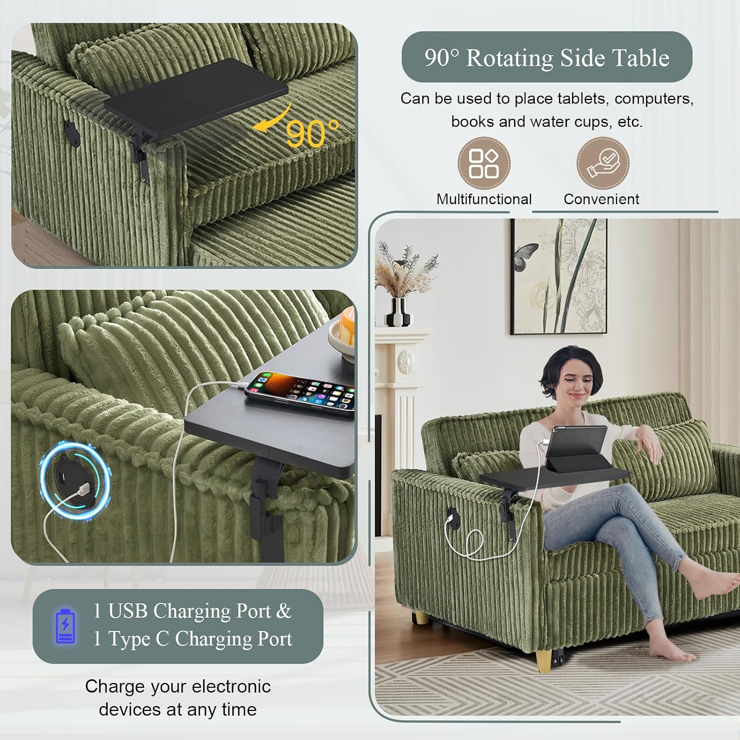 54'W Convertible Sleeper Sofa Bed,3-In-1 Corduroy Pull Out Couch Bed,Futon Loveseat Sleeper Couch with Adjustable Backrest & USB Ports & Side Table,Recliner for Living Room/Office/Small Space(Green)