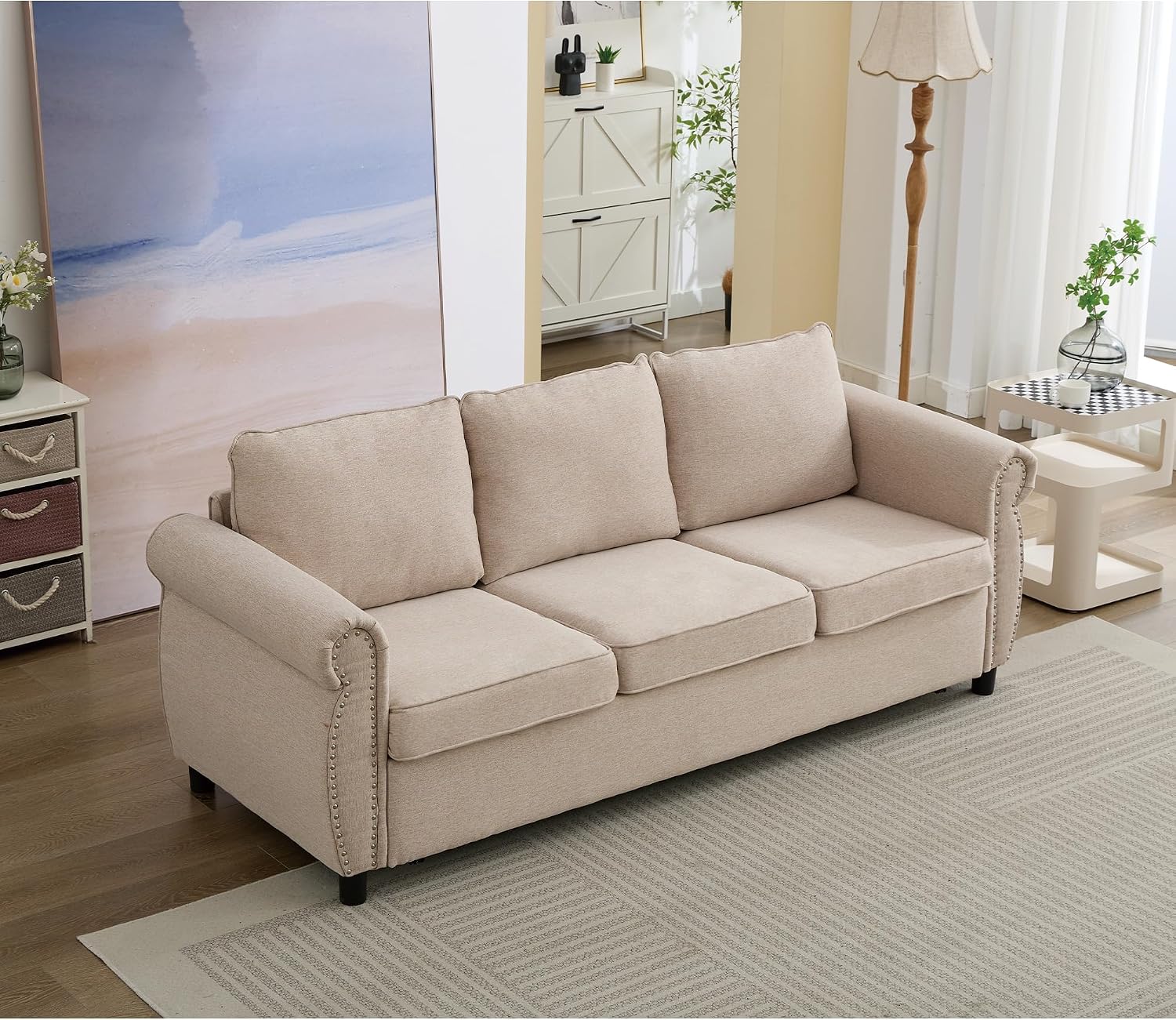 Sleeper Sofa Bed Full Size, Pull Out Couch with Mattress, 81.5'' 3 Seater Upholstery Sectional Couches, Modern Linen Convertible Sofa, Living Room Furniture for Small Spaces, Apartment, Beige | Memory Foam Mattress